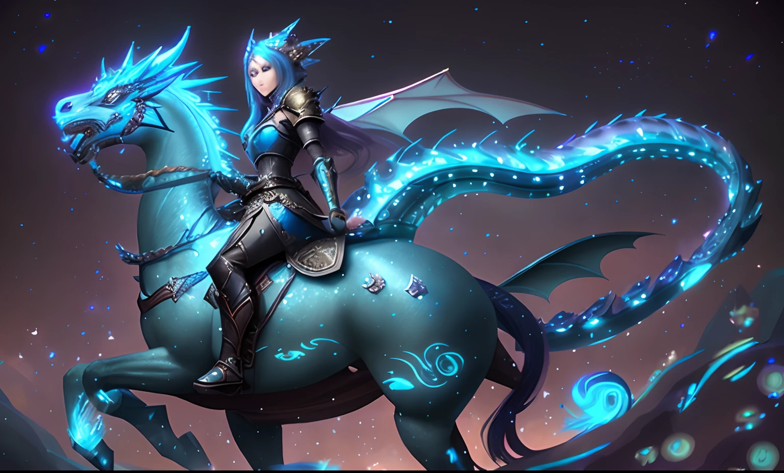 A woman riding a horse with a dragon on it...., epic fantasy art style hd, epic fantasy digital art style, epic fantasy art style, detailed fantasy art, detailed digital 2d fantasy art, detailed fantasy digital art, dragon inspired blue armor, cyan chinese dragon fantasy, beautiful celestial mage, High-quality fantasy art, Hearthstone Fantasy Art Style, fantasy art style