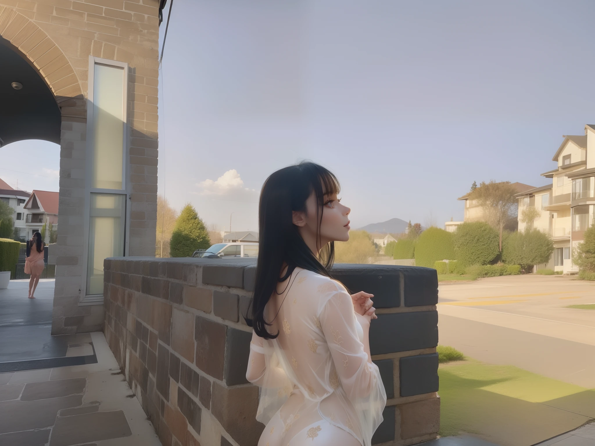 full body shot of a beautiful milf, wearing sexy cream color nightwear see through body curvy, standing on front door ,face to photo , yellow light shooting from out side room,(black hair, gorgeous figure), back view see on the mirror