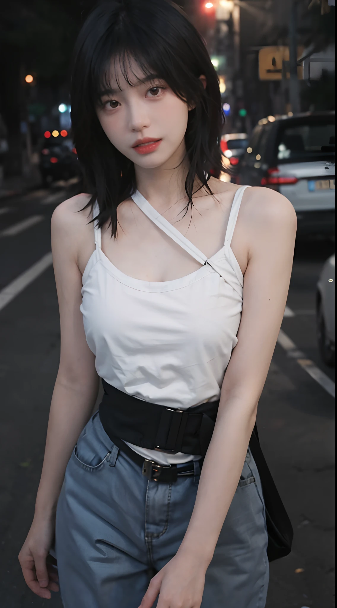 best qualtiy, 超高分辨率, (realisticlying:1.4),2 girls ,Focus:1.2, perfect figure beautiful woman:1.4 , pelo rojo corto,(Streets at night:1.3), Highly detailed facial and skin texture, head straight-looking at viewer,A detailed eye, 二重まぶた,Red lips,eye shadows,Whiten skin,(Air bangs:1.3),,(White thin strap top:1.4)