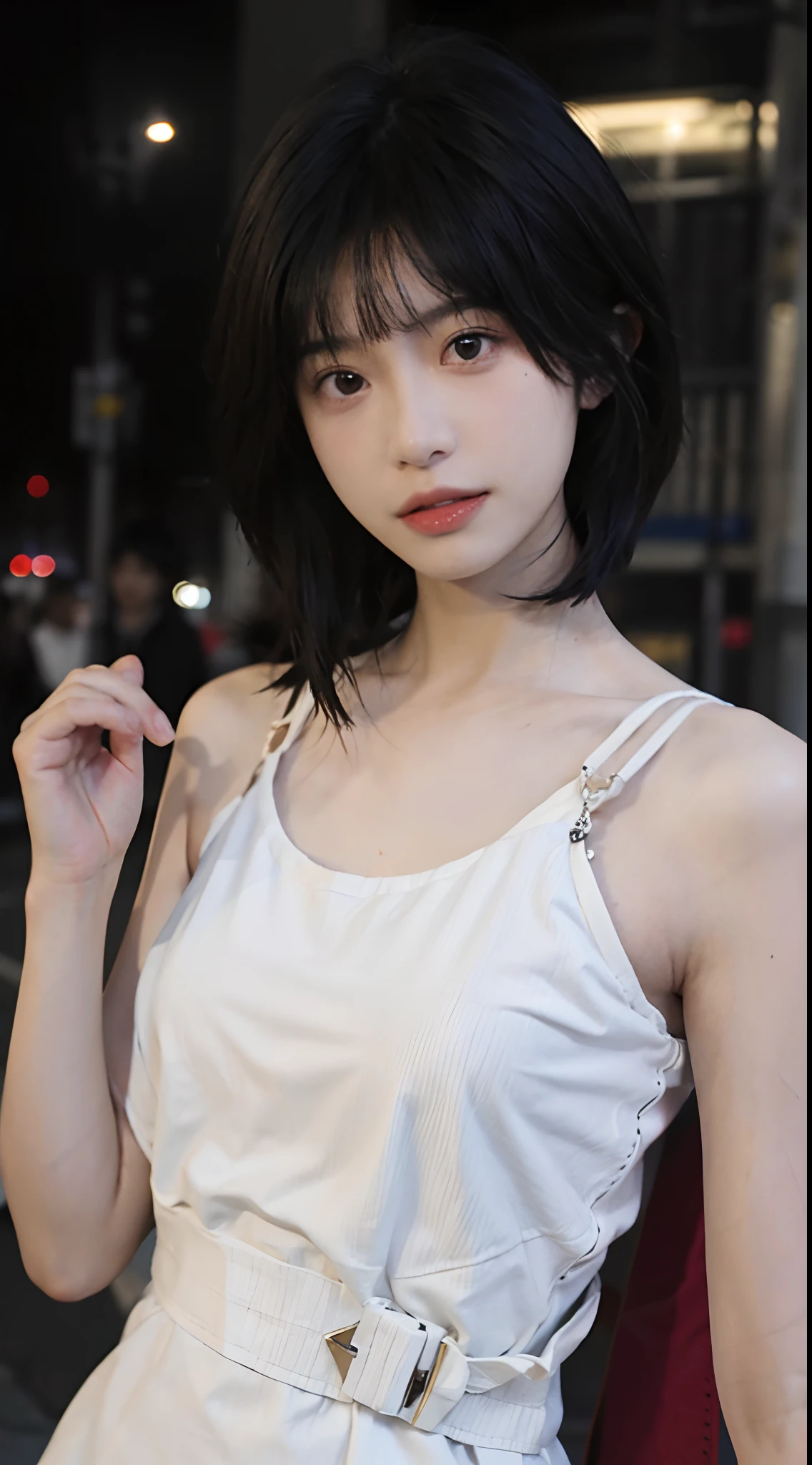 best qualtiy, 超高分辨率, (realisticlying:1.4),2 girls ,Focus:1.2, perfect figure beautiful woman:1.4 , pelo rojo corto,(Streets at night:1.3), Highly detailed facial and skin texture, head straight-looking at viewer,A detailed eye, 二重まぶた,Red lips,eye shadows,Whiten skin,(Air bangs:1.3),,(White thin strap top:1.4)