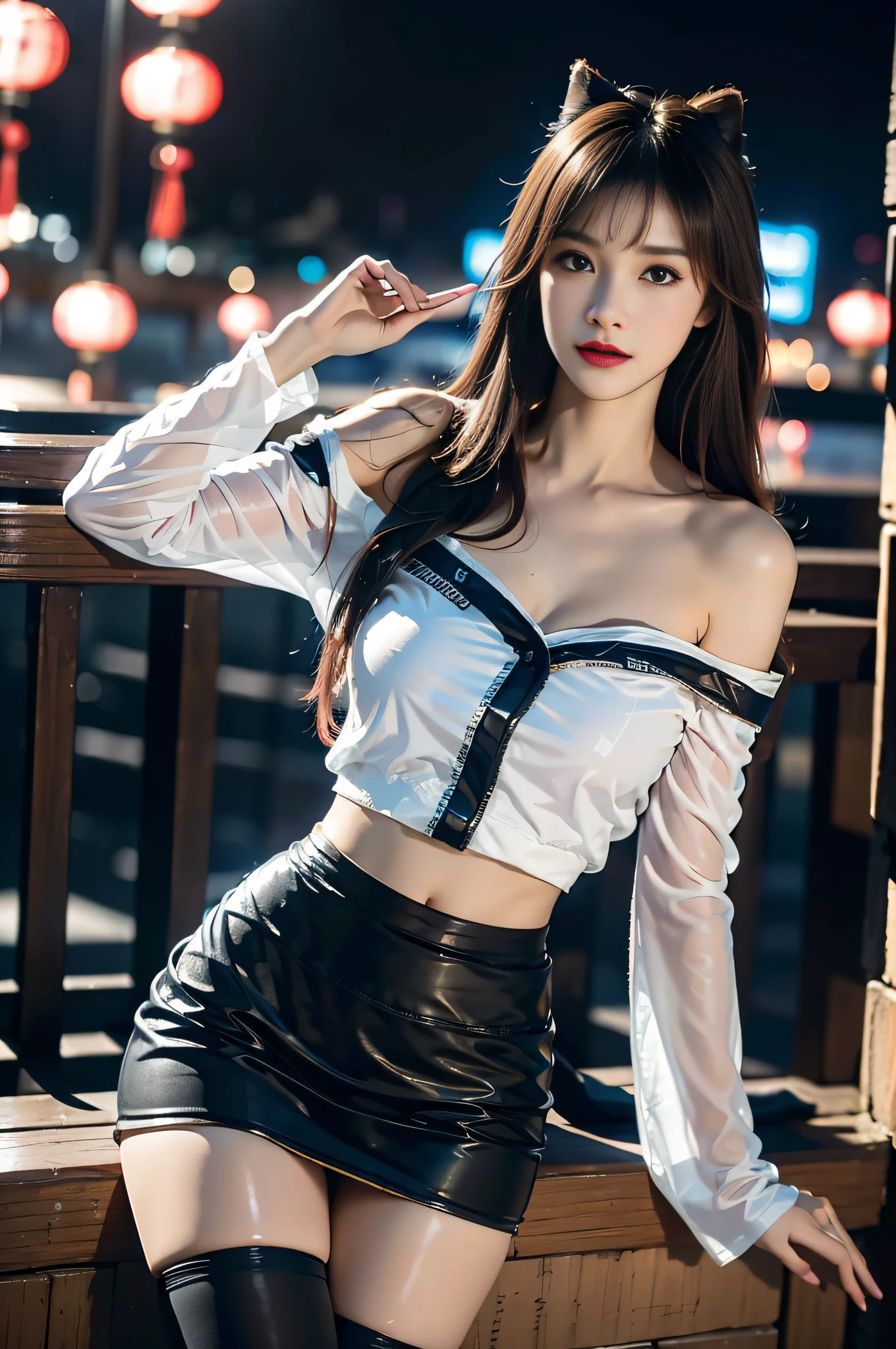 (8K分辨率)，Bangs between the eyebrows，Best image quality，Works of masters，Higher quality，high detal，(超高分辨率)，a beauty girl，Seven-doppelganger shot，solo person，long whitr hair，lipsticks，Keep one's mouth shut，Watery eyes，ssmile，Blackened，hair straight，slanted bangs，brunette color hair，(obi strip)，dynamic angle，China-style，((cheering party))，((tee shirt))，((Heavy makeup))，(((pleatedskirt)))，((Bare one shoulder))，(Clear jacket)，(((Hosiery)))，((Facing the viewer))，Crossed waist with one hand