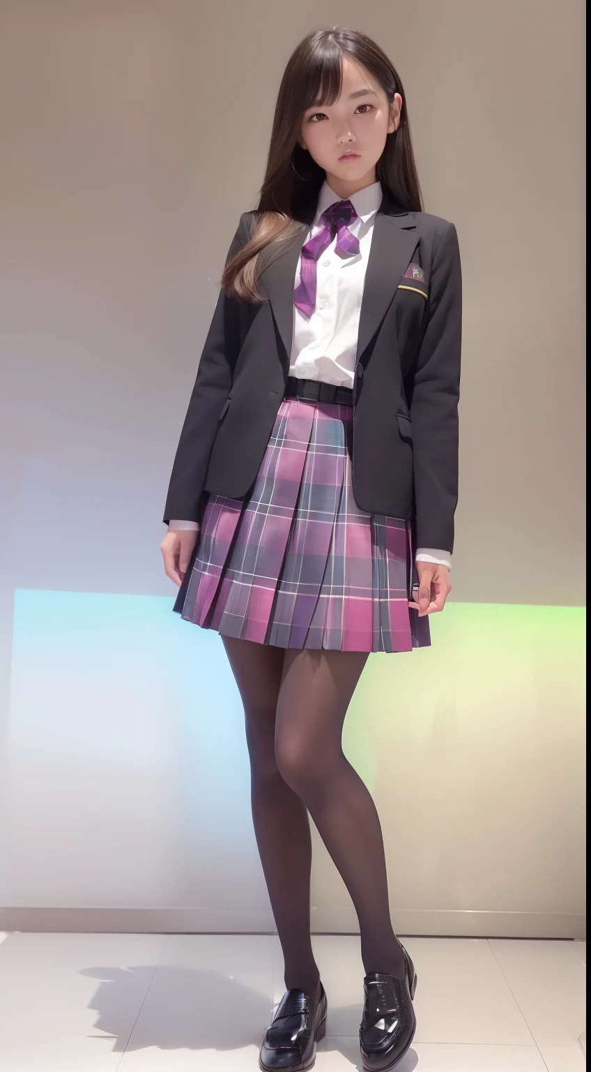 (full body:1.5),(looking at viewer:1.4),(anatomy correct:1.3),(In the paradise of the day:1.3),(Wearing Very thick Pantyhose and JK student uniform plaid pleated skirt and JK uniform leather shoes :1.3), (A high jump posture:1.3),(In pink|amarelo|blue colors|green color|red colour|white colors|black in color|purpleish color|greys|Beige|Flesh color 1.4),,(Accurate and perfect face:1.4),(Clothing Gloss:1.25),(Skin reflection:1.25),hyper HD, Ray traching, reflective light,structurally correct, Award-Awarded, high detal, lightand shade contrast, Face lighting,cinmatic lighting, tmasterpiece, super detailing, high high quality, high detal, best qualityer, 16k,high contrast,