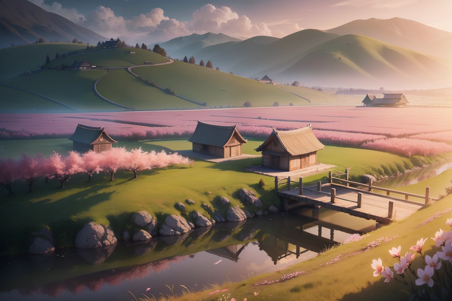 Cinematic lighting,In the background are patches of peach blossom trees, wood bridges,Several small huts scattered,grassy fields,(pastel colour:1.2)