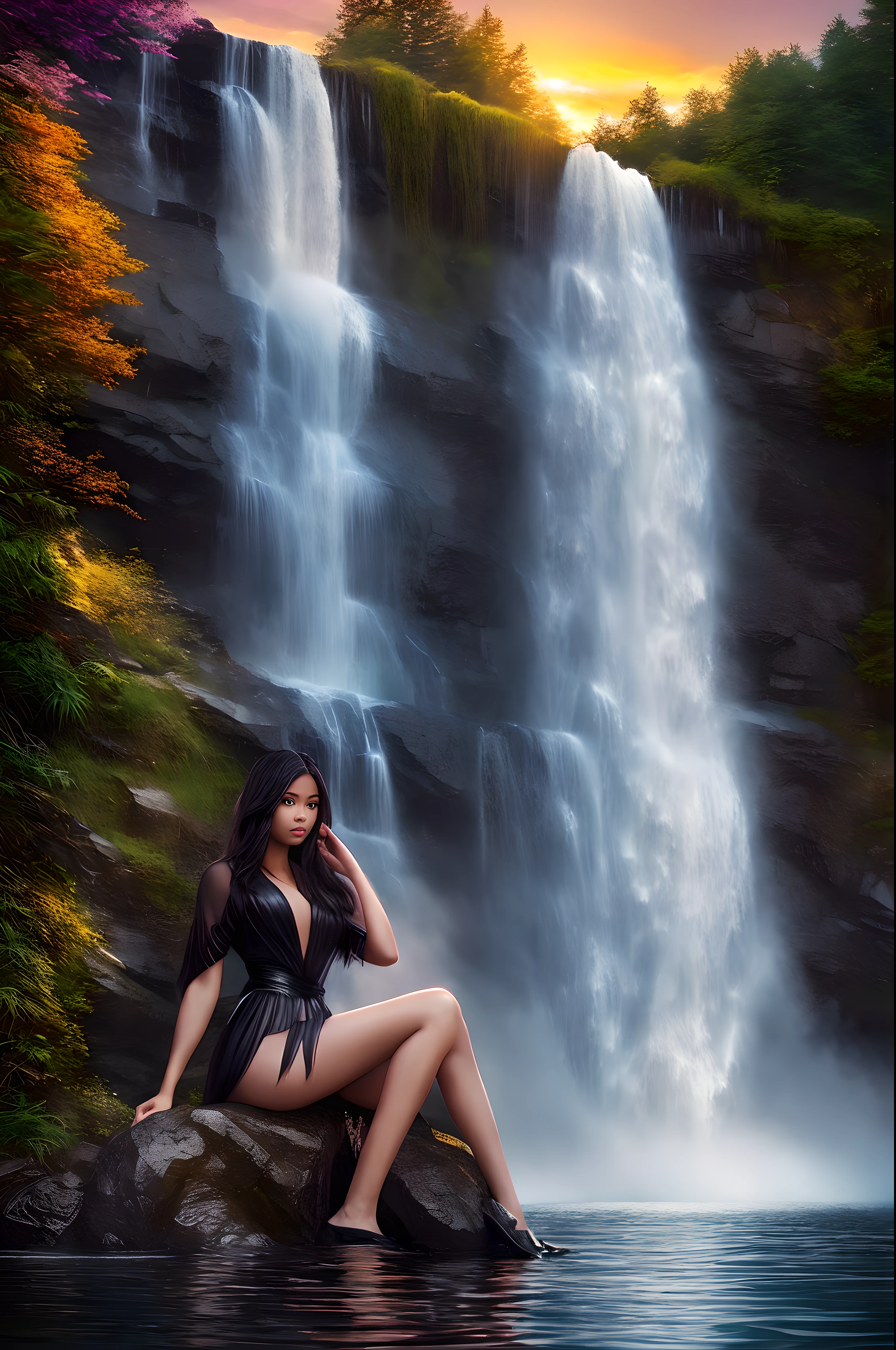 Portrait of a beautiful dark sking black Lady emerging from the lake in front of waterfall. Hyper realistic, intricate details, , sunset, fantasy, wlop, artgerm