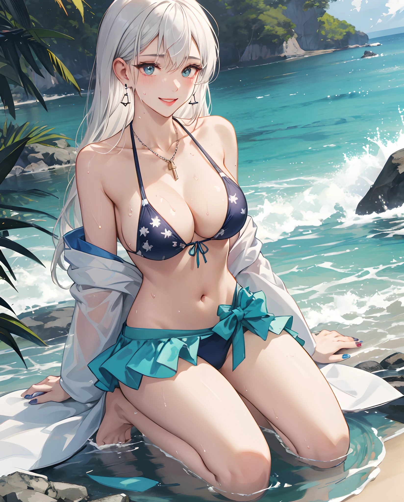 (8K、top-quality、masutepiece、超A high resolution: 1.2)、One Girl Full Body Bikini Pal、Beautiful 22-year-old girl named Nguyette in bikini with exposed breasts、、moderate breast、Hard and perky 、tight body、Athletic Association、White hair、Tapered layered、wetting hair、a wet body、Pencil Eyeliner、Matte lipstick、manicure、Crawler Earrings、Diamond necklace、the beach、Cute face with blushing smile、Sweaty and glowing skin、Dense face、Precise eyes、dynamicposes、analog RAW DSLR、Official art、Highly detailed CG Unity 8K wallpapers、professional photograpy、Sharp Focus、nffsw、8K resolution、intricate detailes、sophisticated details、depth of fields、Photorealsitic, Japanese, colorful bikini.