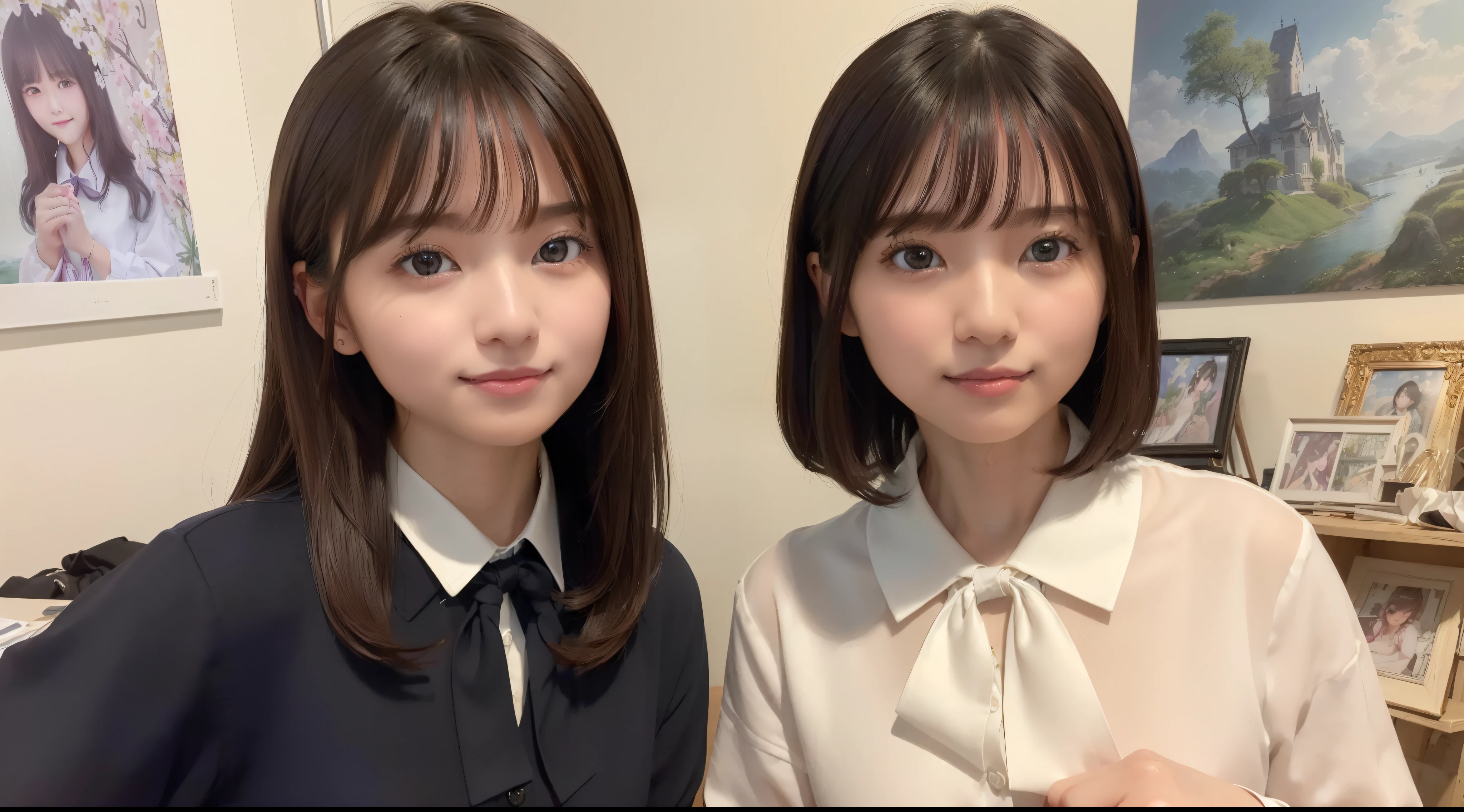 (8K、top-quality、masterpiece:1.2)、(realisitic、Photorealsitic:1.37)、ultra-detailliert、1womanl、 20yr old、独奏、((Beautiful ribbons))、(((A dark-haired)))、(A smile:1.15)、beautiful finely detailed eyes、(shirt with collar:1.1)、business clothes、(short-hair:1.2)、 (((Art Room)))、 picture frame
