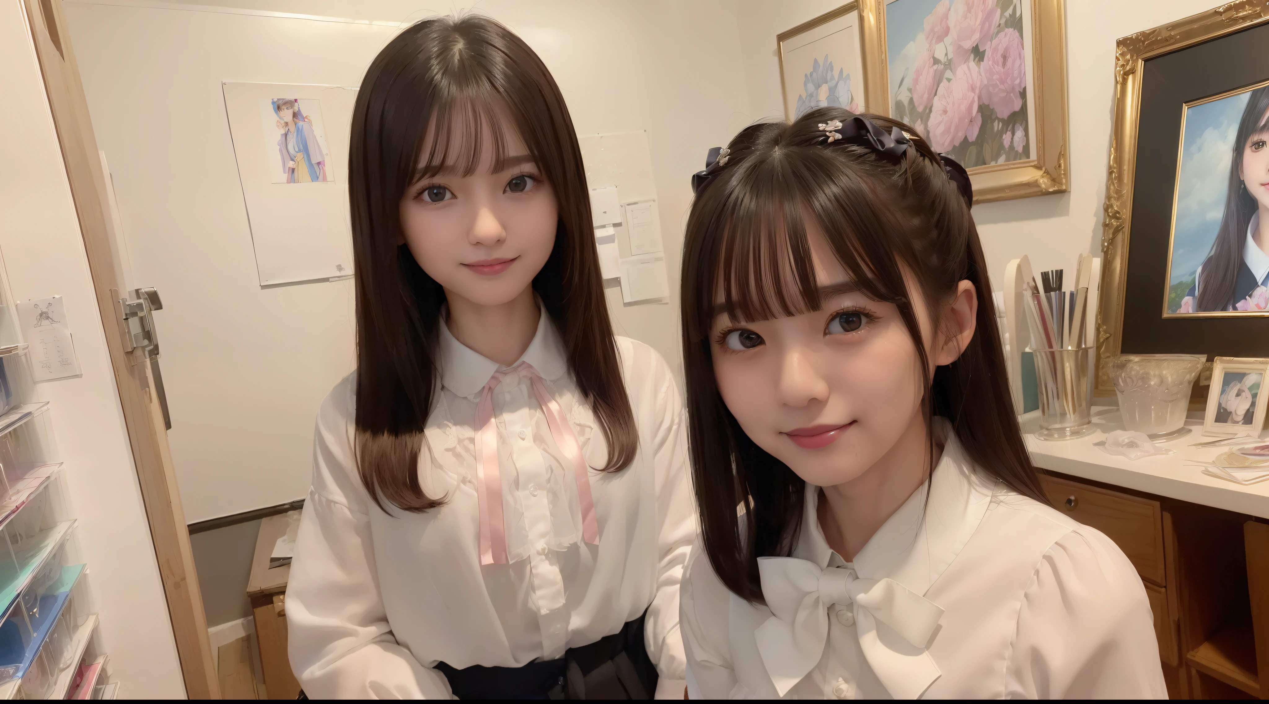 (8K、top-quality、​masterpiece:1.2)、(realisitic、Photorealsitic:1.37)、ultra-detailliert、1womanl、 20yr old、独奏、((Beautiful ribbons))、(((A dark-haired)))、(A smile:1.15)、beautiful finely detailed eyes、(shirt with collar:1.1)、business clothes、(short-hair:1.2)、 (((Art Room)))、 picture frame