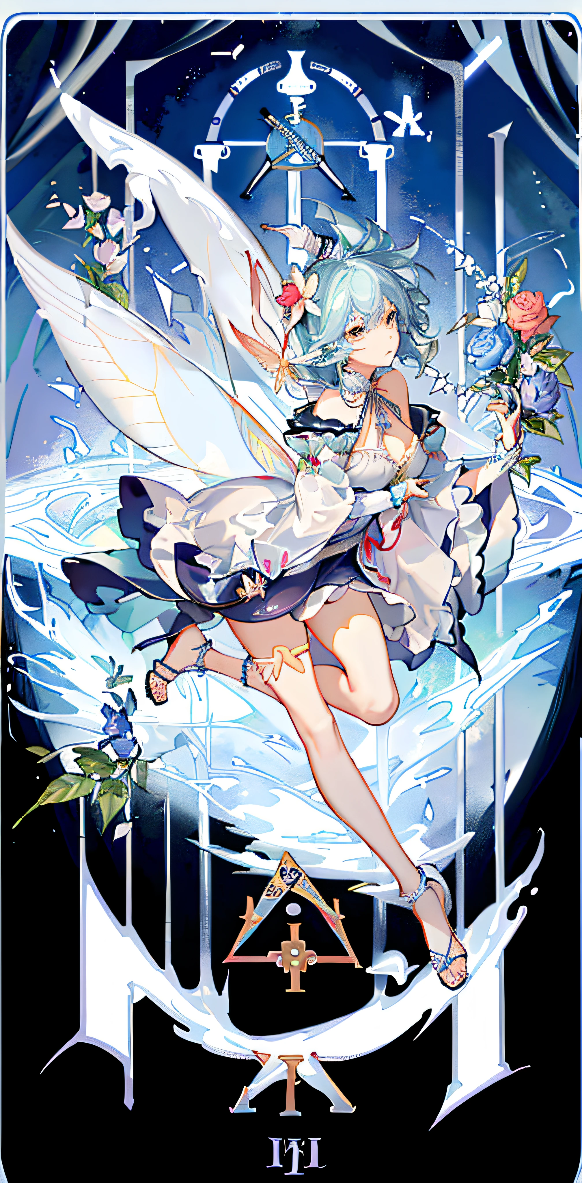 (Golden Ratio: 1.2), (Rose Graffiti: 1.2), (Glitch Color: 1.3), [(White Background: 1.4)::10], (Whole Body: 1.2), (Super Fine: 1.3), (Tarot :1.6),(Magician (Tarot):1.6),(Paper:1.2),(Fairy:1.6),(Fairy Wings:1.2),Full Body, Hanging,(Cool:1.2),(Red Long Hair ),(butterfly hair accessory),(flower hair accessory: 1.0),((sandals,Locket)),(colored cocktail dress: 1.0)+(loose-sleeve jacket: 1.3)+(fluttering colorful tassels and ribbons :1.2 ),(white stockings: 1.2),(colored ink paper flowers: 1.2),(colorful flower sea: 1.3),(chaotic geometry: 1.3),(negative space: 0.8),(drawing board: 1.3 ), (Ether Color ink flow: 1.3)