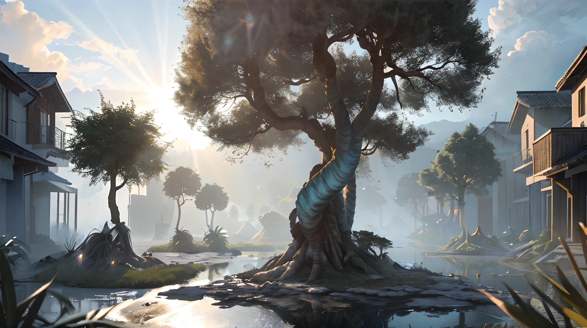 Masterpiece, best quality, high quality, highly detailed CG unity 8k wallpaper, surreal giant cyan rain tree in a futuristic prehistoric village, splashing water, sandy debris, lens flare, sun axis, fluffy clouds, ultra detailed, HDR, bloom, photorealistic, ultra detailed