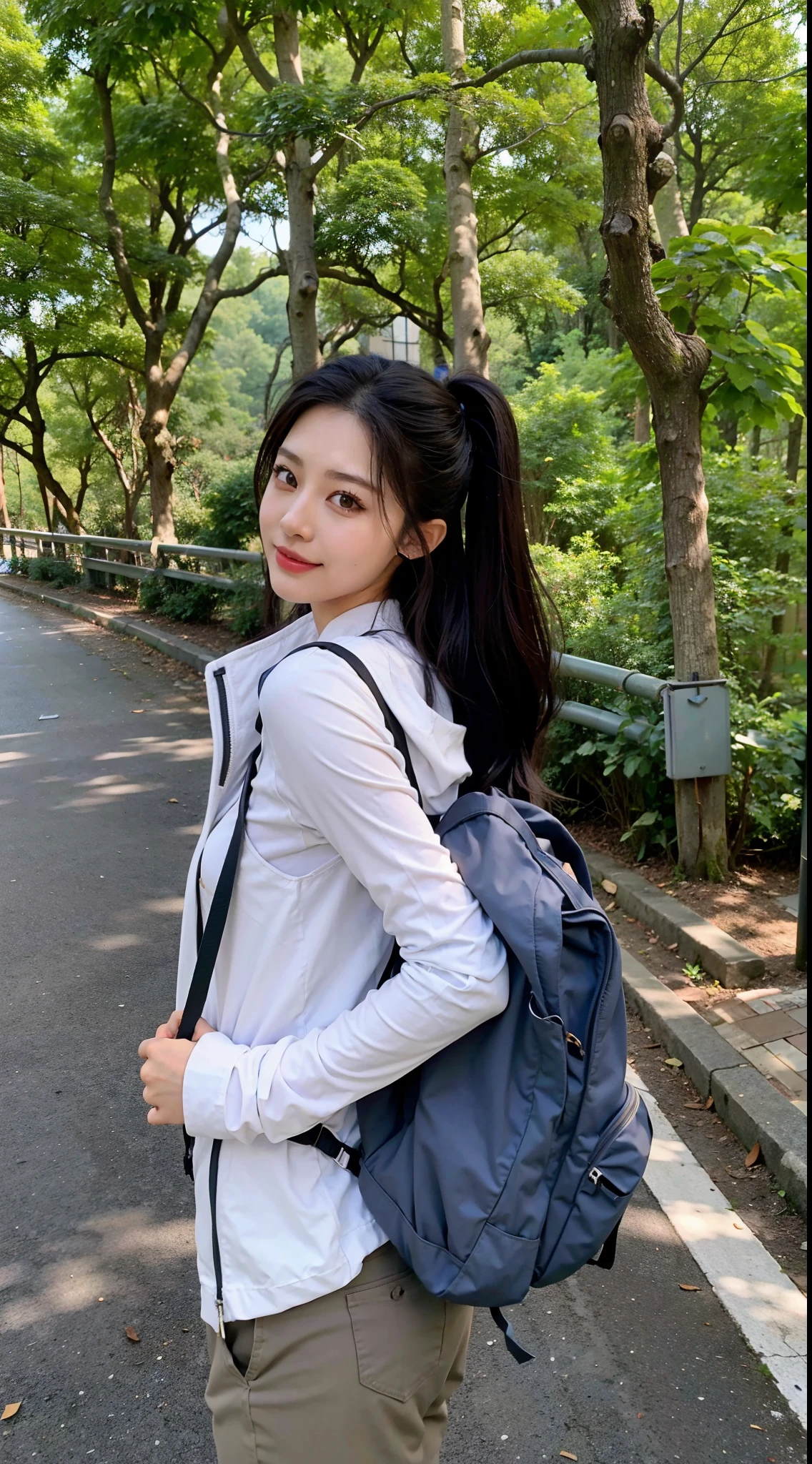 Arad woman carrying a backpack stands on the road to the park, with a backpack, xintong chen, Korean girl, wenfei ye, smooth white tight clothes suit, ulzzangs, tzuyu from twice, Young Asian girl, inspired by Ma Yuanyu, Shin Jinying, A young Asian woman, young and cute girl, jaeyeon nam