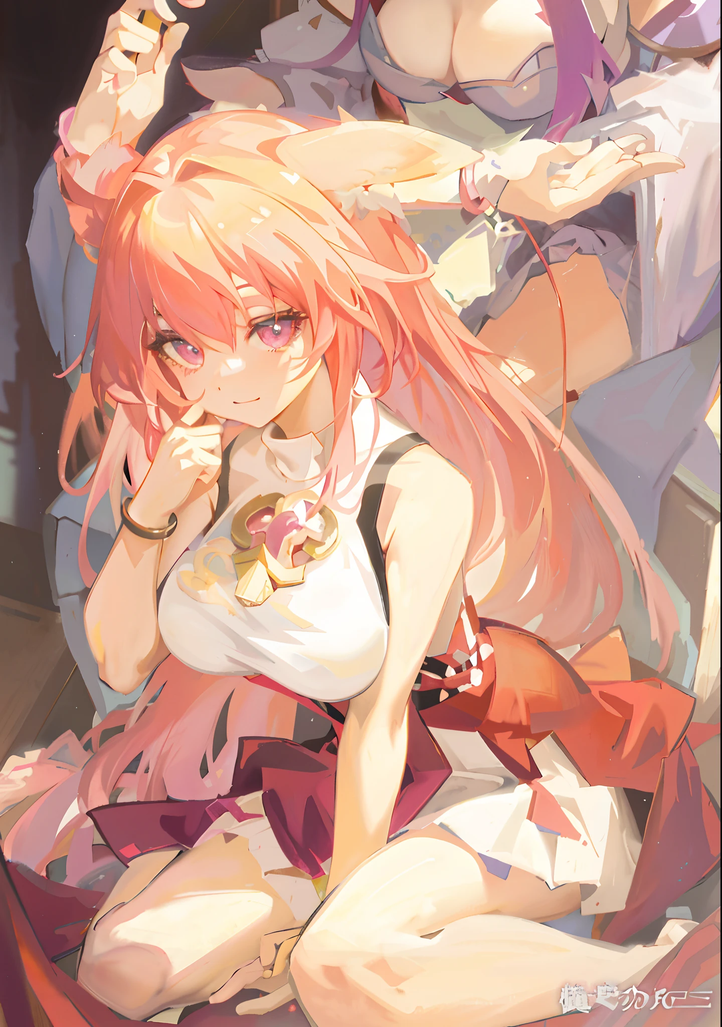 Anime girl with pink hair sitting on the ground，Place your hands on your face, seductive anime girls, style of anime4 K, Holo is a wolf girl, advanced digital anime art ”, zerochan art, anime artsyle, Pixiv style, Anime art, (Anime girl), Anime goddess, anime illustration, anime wallaper, cute anime waifu in a nice dress