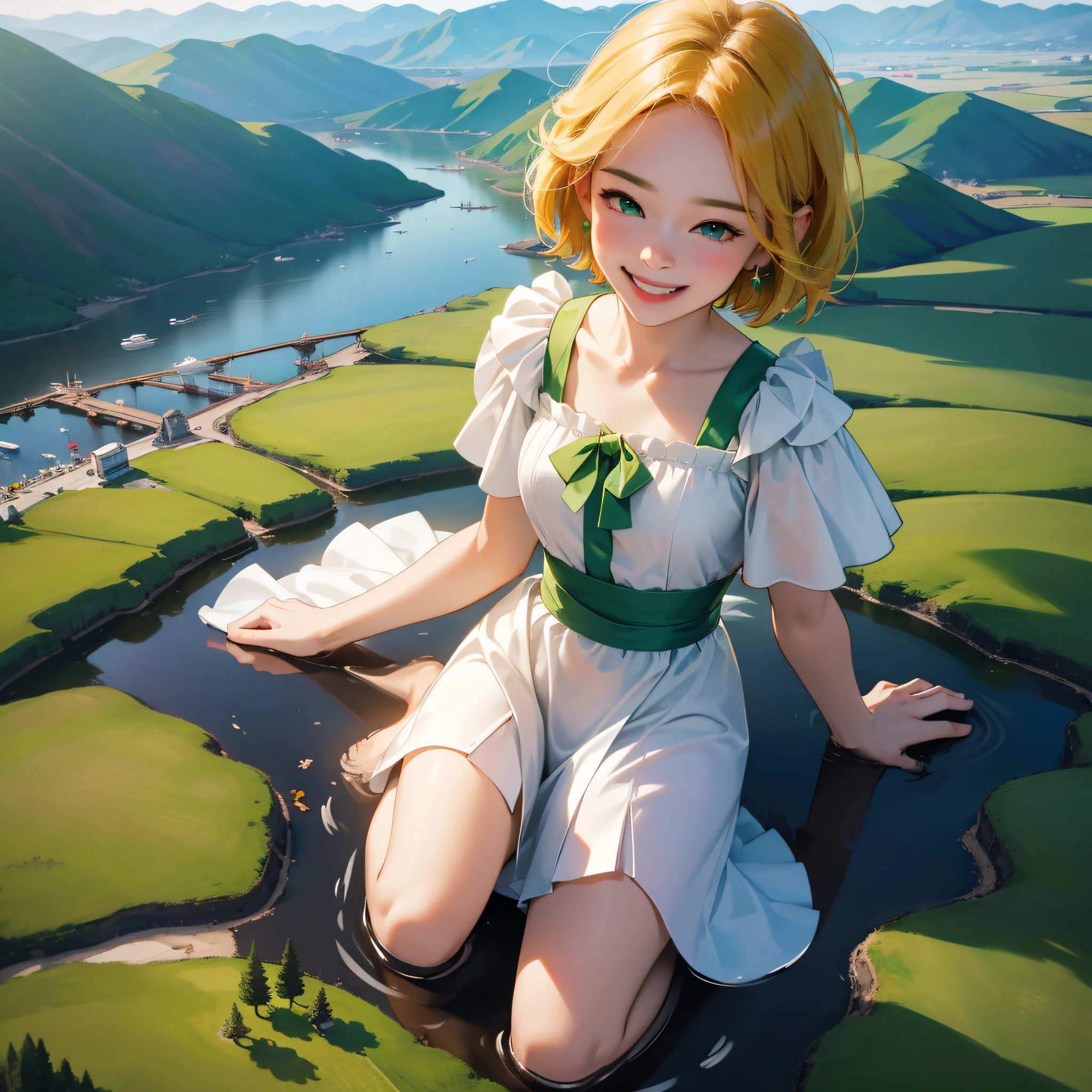 (in 8K、top-quality、masterpiece:1.2)、1人の女性、(Smiling smile:1.1)、beautidful eyes、Valley、The upper part of the body、shorth hair、Like a boy 、Quirk hair、short-cut、Green View、