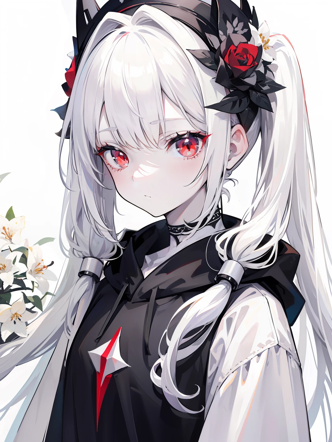 Pale skin, white hair, black hoodie, white flowers, flowers on head, Twintails, Loli, solo,{{best quality}}, {{masterpiece}}, {{ultra-detailed}}, {illustration}, {detailed light}, red eyes,long hair,