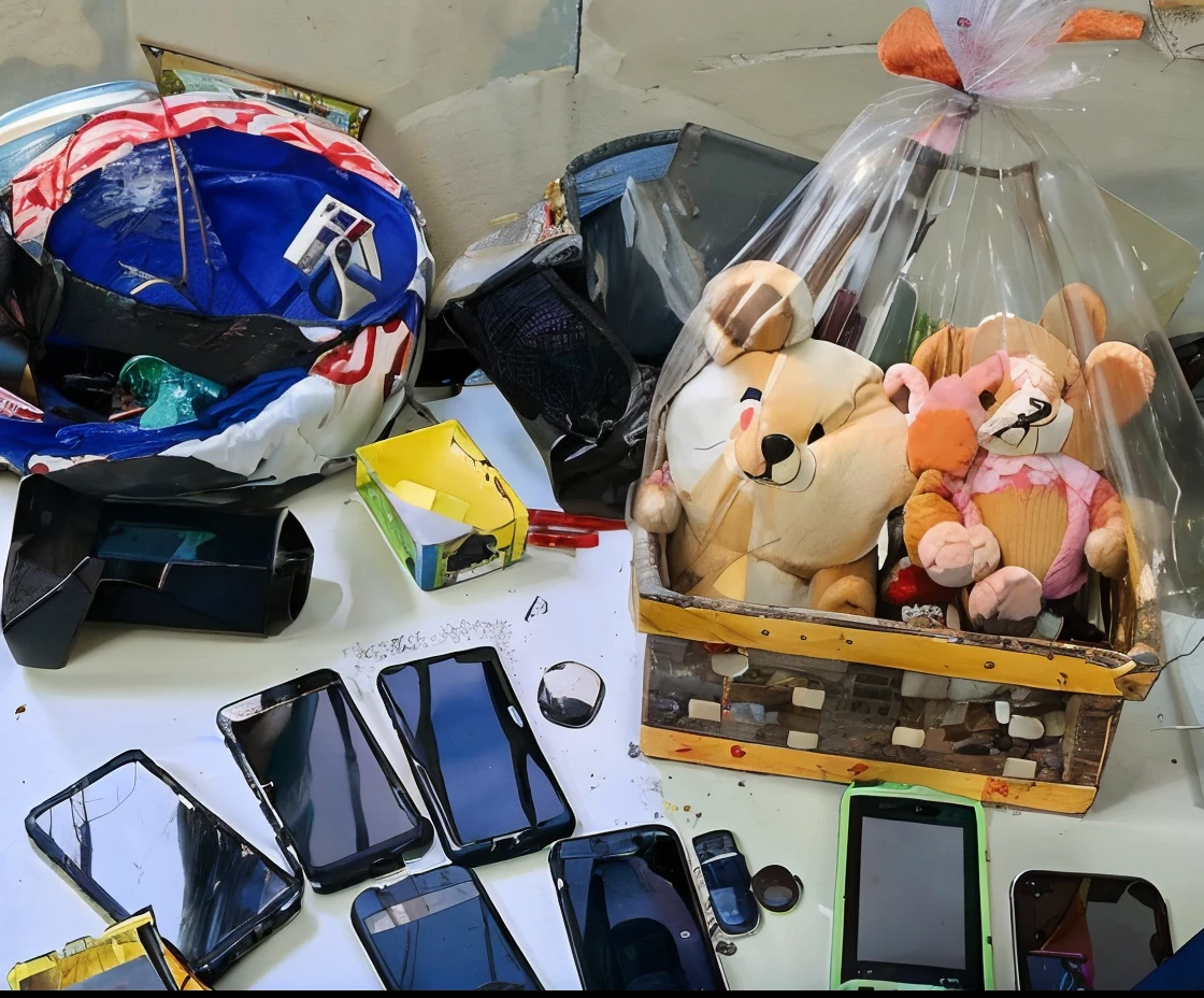 There are a lot of cell phones and a stuffed animal on a table, trading illegal goods, multiple items, itens e gadget, apanhado, Pertences espalhados, Ano 2447, objetos diversos, surpreender, com um monte de coisas, cheio de coisas, Diy, broken toys are scattered around, um super-inteligente, Itens, 60%, realista, futurista, lente 50mm, tamanho 1200 x 800 pixels