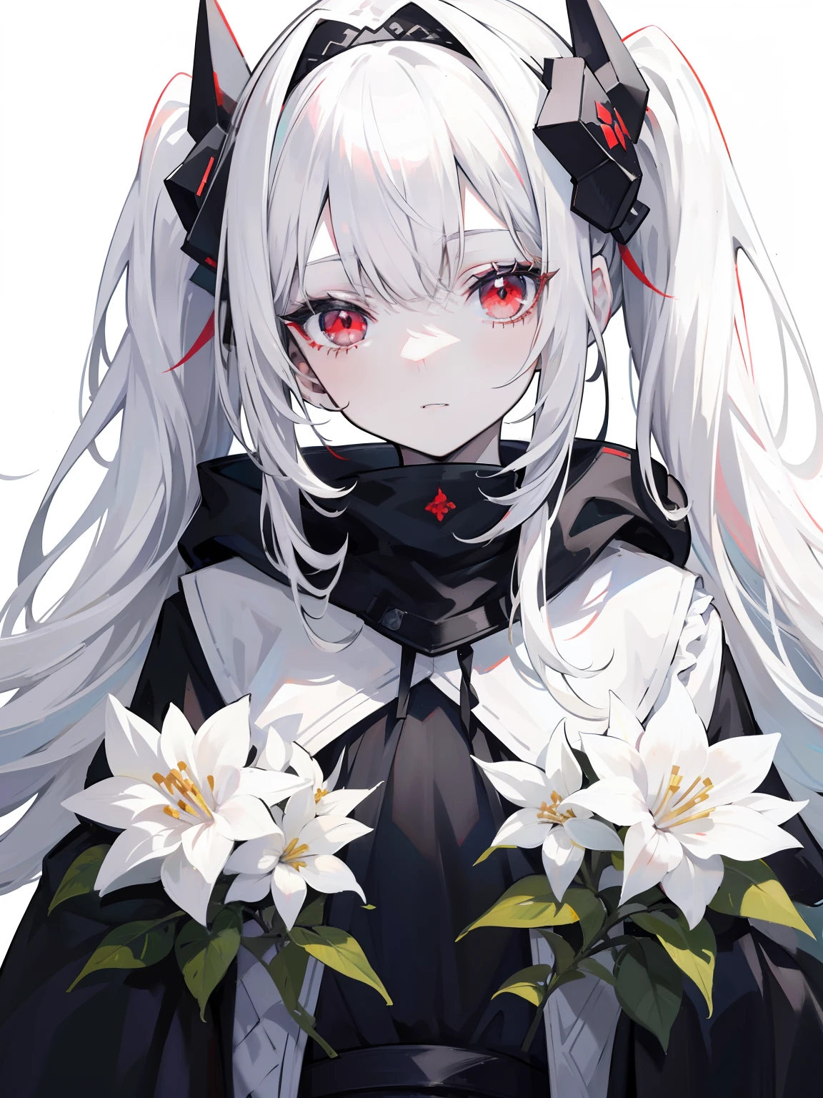Pale skin, white hair, black hoodie, white flowers, flowers on head, Twintails, Loli, solo,{{best quality}}, {{masterpiece}}, {{ultra-detailed}}, {illustration}, {detailed light}, red eyes,long hair,