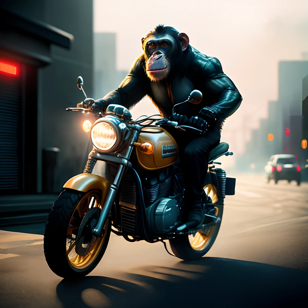 Masterpiece, (ultradetailed), (Animal anthropomorphism), gangster theme, chimpanzee, jacket, riding a motorcycle in dim lighting, tattoos, machine gun, smoke, shadows, corrupt cityscape, highest quality, solo focus, (skimpy:1.04), muscular man, full body, intricate.， by lee jeffries nikon d850 film stock photograph 4 kodak portra 400 camera f1.6 lens rich colors hyper realistic lifelike texture dramatic lighting unreal engine trending on artstation cinestill 800 (vignette:1.3), filmgrain