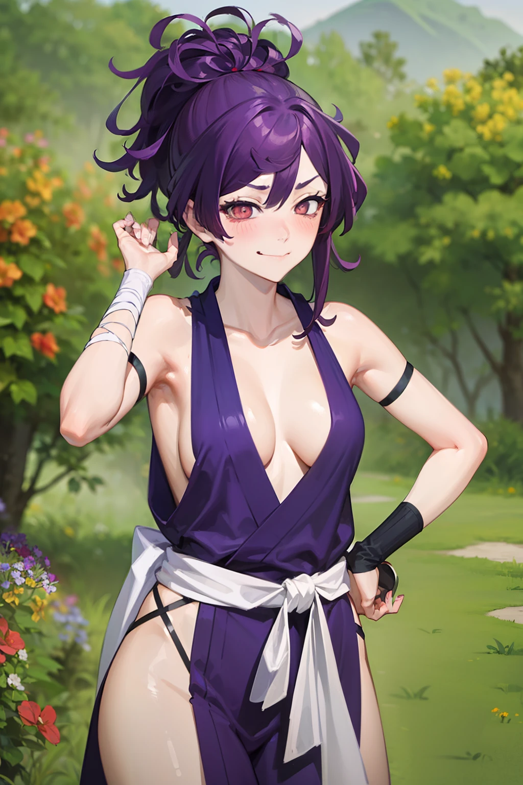 (best quality:1.1), (masterpiece:1.2), portrait, 1girl, yuzuriha_(jigokuraku), purple hair, brown eyes, ninja, open clothes, cleavage, small breasts, topknot, medium hair, breasts apart, white obi, smirk, outdoors, (blush:1.1), flowers (NSFW)