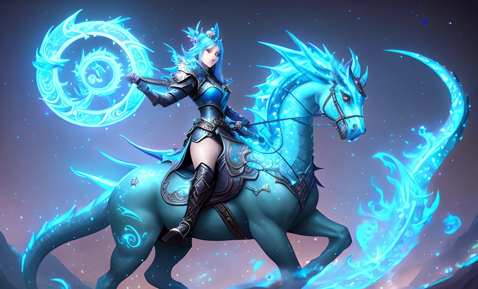 A woman riding a horse with a dragon on it....., epic fantasy art style hd, epic fantasy digital art style, epic fantasy art style, detailed fantasy art, detailed digital 2d fantasy art, detailed fantasy digital art, dragon inspired blue armor, cyan chinese dragon fantasy, beautiful celestial mage, High-quality fantasy art, Hearthstone Fantasy Art Style, fantasy art style