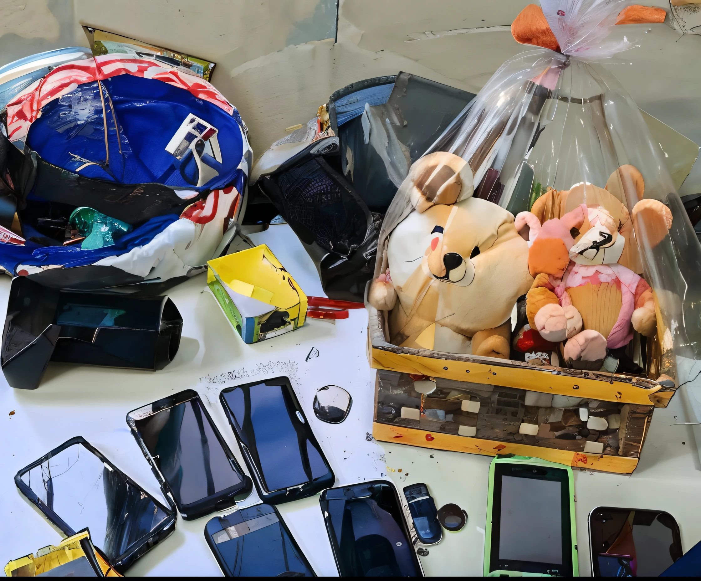 There are a lot of cell phones and a stuffed animal on a table, trading illegal goods, multiple items, itens e gadget, apanhado, Pertences espalhados, Ano 2447, objetos diversos, surpreender, com um monte de coisas, cheio de coisas, Diy, broken toys are scattered around, um super-inteligente, Itens, 60%, realista, futurista, lente 50mm, tamanho 1200 x 800 pixels