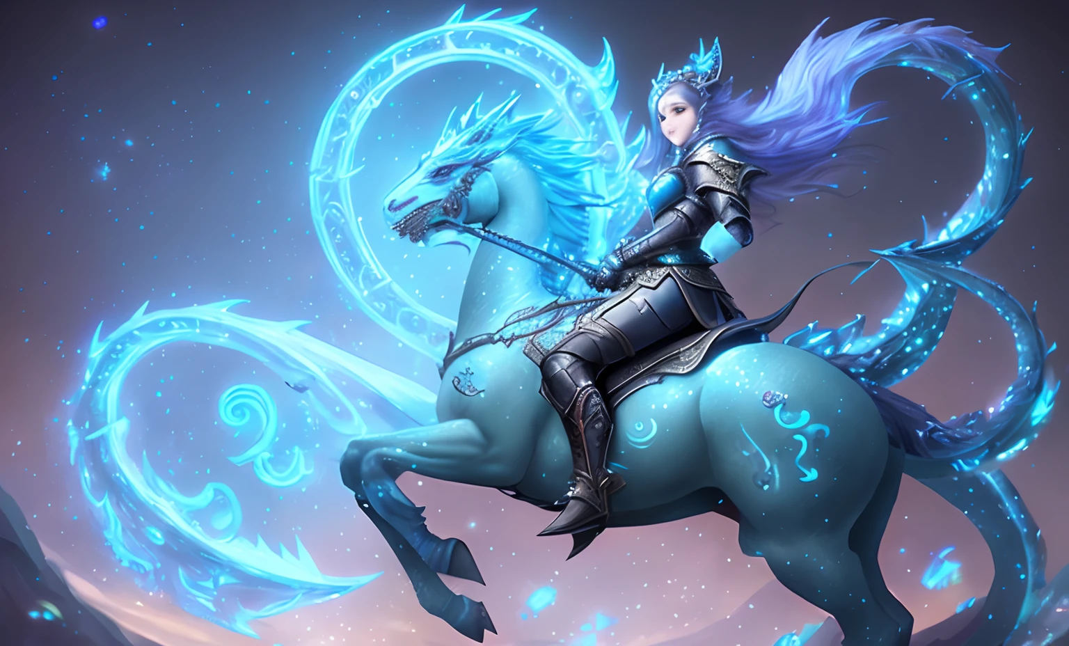 A woman riding a horse with a dragon on it....., epic fantasy art style hd, epic fantasy digital art style, epic fantasy art style, detailed fantasy art, detailed digital 2d fantasy art, detailed fantasy digital art, dragon inspired blue armor, cyan chinese dragon fantasy, beautiful celestial mage, High-quality fantasy art, Hearthstone Fantasy Art Style, fantasy art style