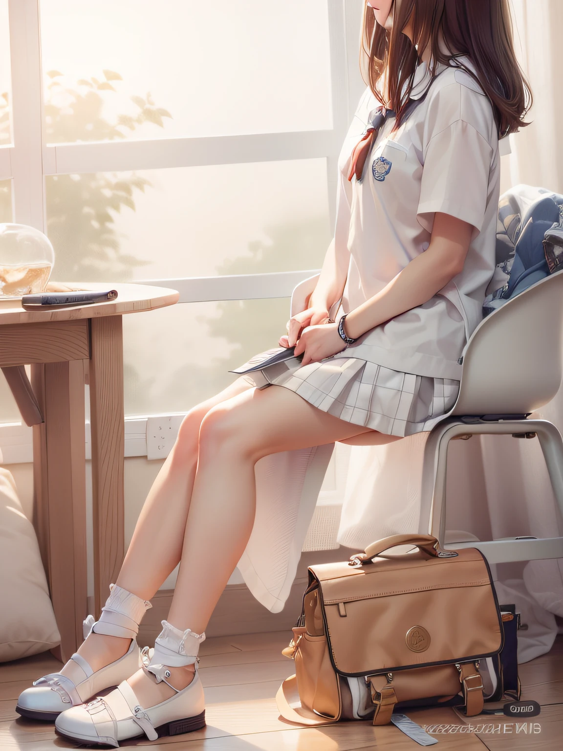 best qualtiy,Whole body diagram,Calf skin is smooth,Delicate skin,Ruler in hand,Whip in hand,Handheld ruler,Classroom,ruler,ceza, tmasterpiece, 1girll, beauitful face, (photograph realistic:1.3), edge lit, (highdetailskin:1.2), 8K, Ultra HD, high high quality, A high resolution, 4K, 8K, Optimal proportions of four fingers and one thumb, (realisticlying:1.3), Cute 1girl, The upper body is wearing a school uniform shirt,White shorts on the bottom,sit on chair,Classroom,Ruler in hand,ruler,Desks and chairs,high school senior,monitor,youthfulness