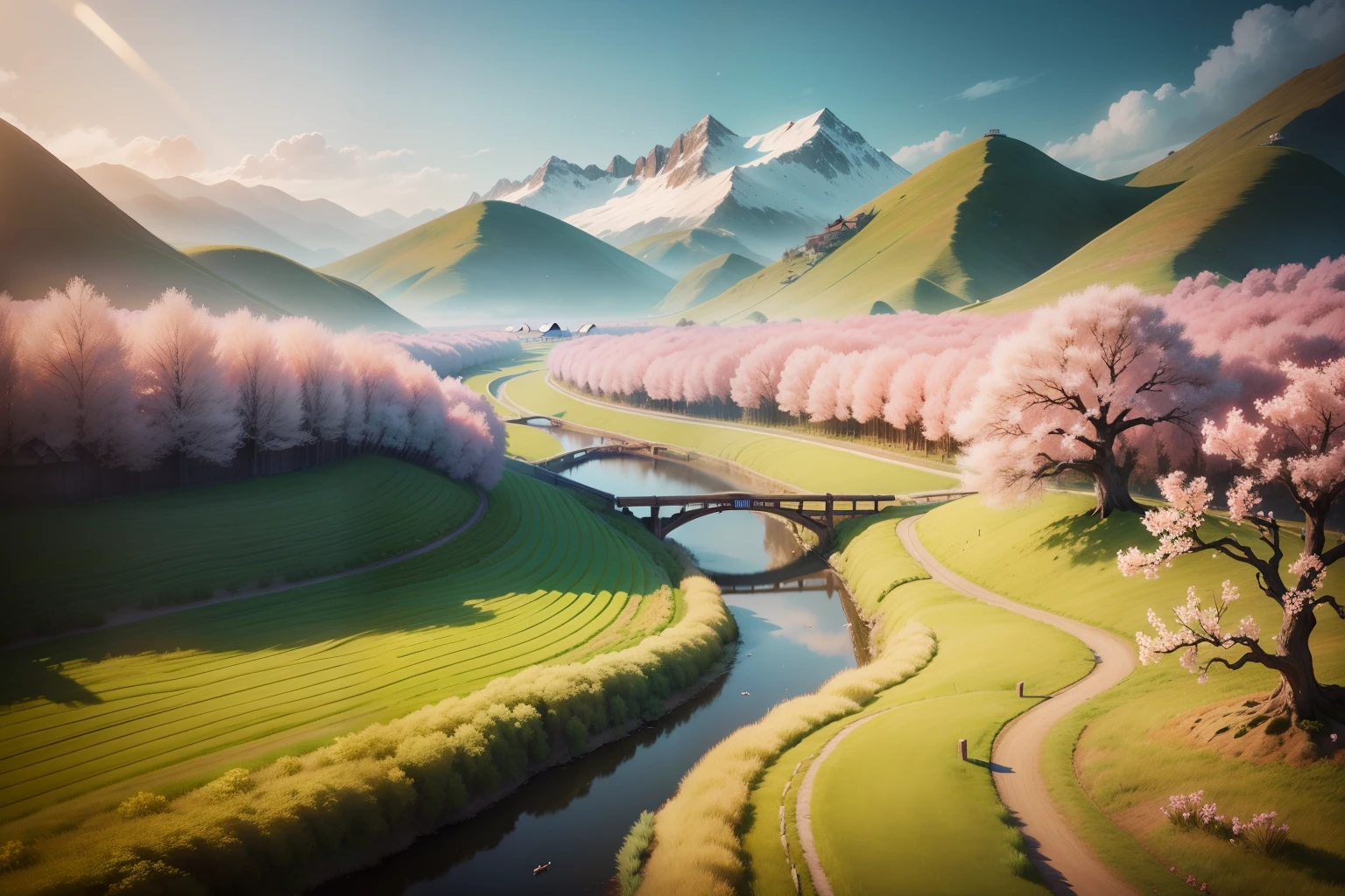 Cinematic lighting，In the background are patches of peach blossom trees, wood bridges，Several small huts scattered，grassy fields，（pastel colour：1.2）