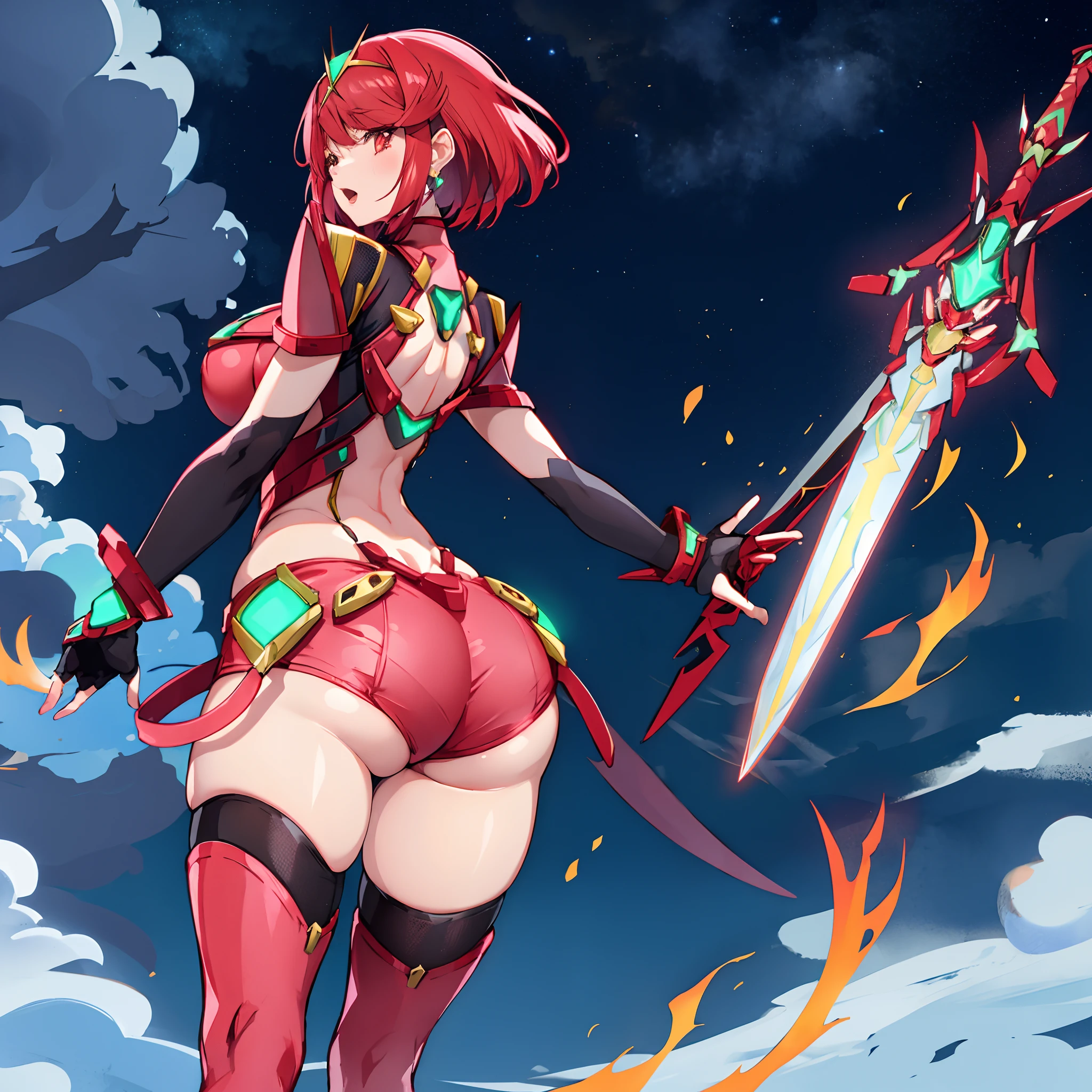 pyra \(xenoblade\), _1girl, armor, bangs, black gloves, breasts, red eyes, closed mouth, earrings, eyelashes, fingerless gloves, floating hair, framed breasts, gem, gloves, hair ornament, headpiece, jewelry, big_breasts, leaning back, leotard, neon trim, official art, pose, red hair, red shorts, saitou masatsugu, short hair, short shorts, short sleeves, shorts, sidelocks, skin tight, solo, standing, swept bangs, thighhighs, tiara, night_prairie_background, turtleneck, underbust, vambraces, xenoblade chronicles \(series\), (xenoblade chronicles 2), apart_legs, fire_effect,dynamic_pose,fighting,light_smile, (plump:1.1), big_ass,huge_sword, hold_large_sword_hilt, solo, covered_nipples, covered_pussy,open_mouth,back_view, fists,