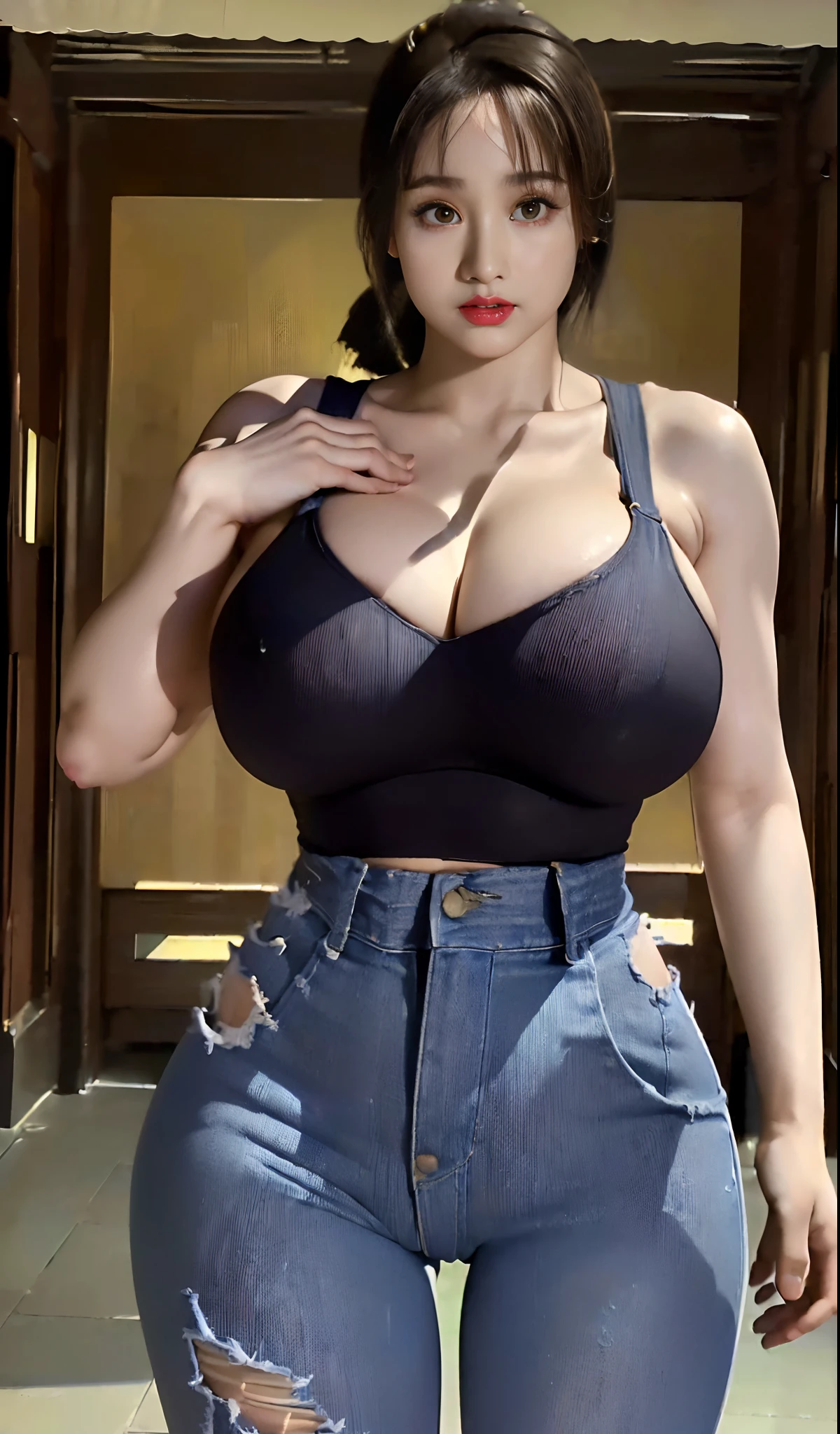 (nsfw:1.5), (Top Quality, 8k, 32k, Masterpiece, UHD:1.2), (chinese:1.5), (solo girl:2.0), walking down dynamic pose, beautiful chinese woman, (glasses), yoga trainer, hot tank top, (jeans hotpants:1.5), full figure, gym, (thicc muscular body:1.5), (huge fake breasts:1.5), (round breasts:1.5), (muscle abs:1.3), (big buttocks:1.2), milf face, ponytail hair,