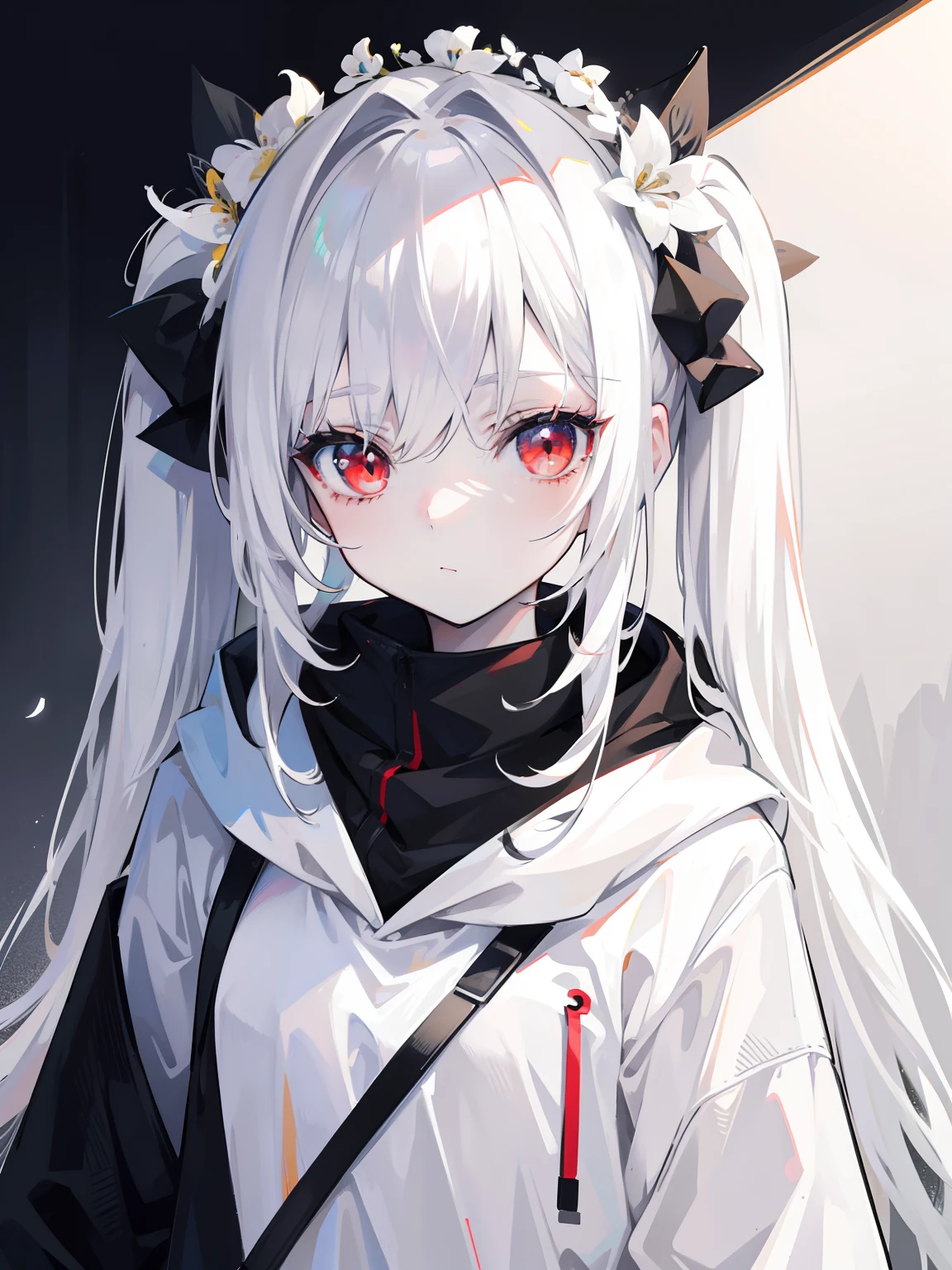 Pale skin, white hair, black hoodie, white flowers, flowers on head, Twintails, , solo,{{best quality}}, {{masterpiece}}, {{ultra-detailed}}, {illustration}, {detailed light}, red eyes,long hair,
