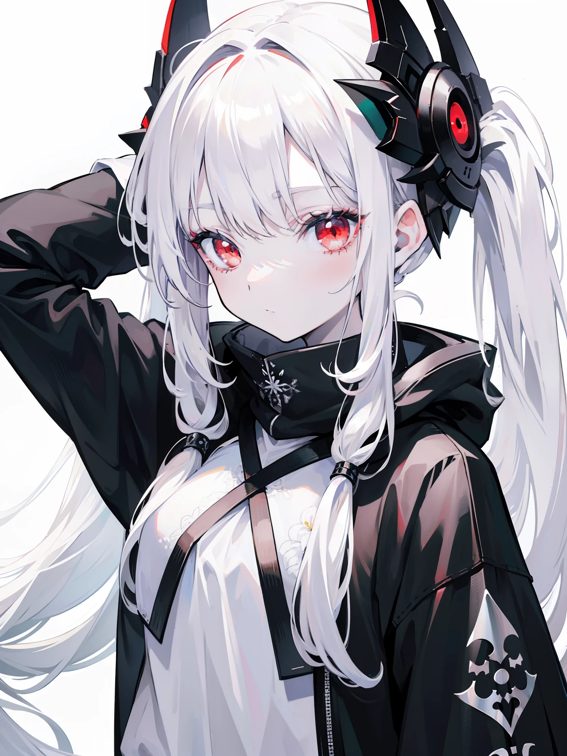 Pale skin, white hair, black hoodie, white flowers, flowers on head, Twintails, Loli, solo,{{best quality}}, {{masterpiece}}, {{ultra-detailed}}, {illustration}, {detailed light}, red eyes,long hair,