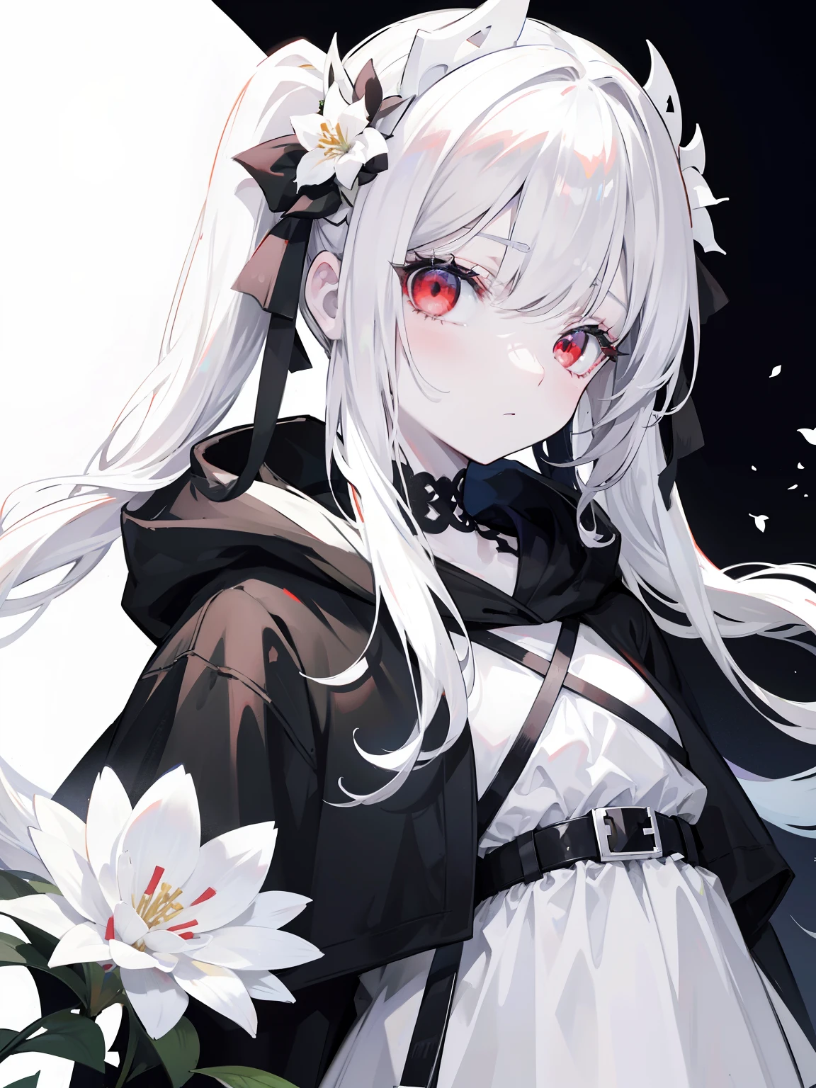 Pale skin, white hair, black hoodie, white flowers, flowers on head, Twintails, Loli, solo,{{best quality}}, {{masterpiece}}, {{ultra-detailed}}, {illustration}, {detailed light}, red eyes,long hair,
