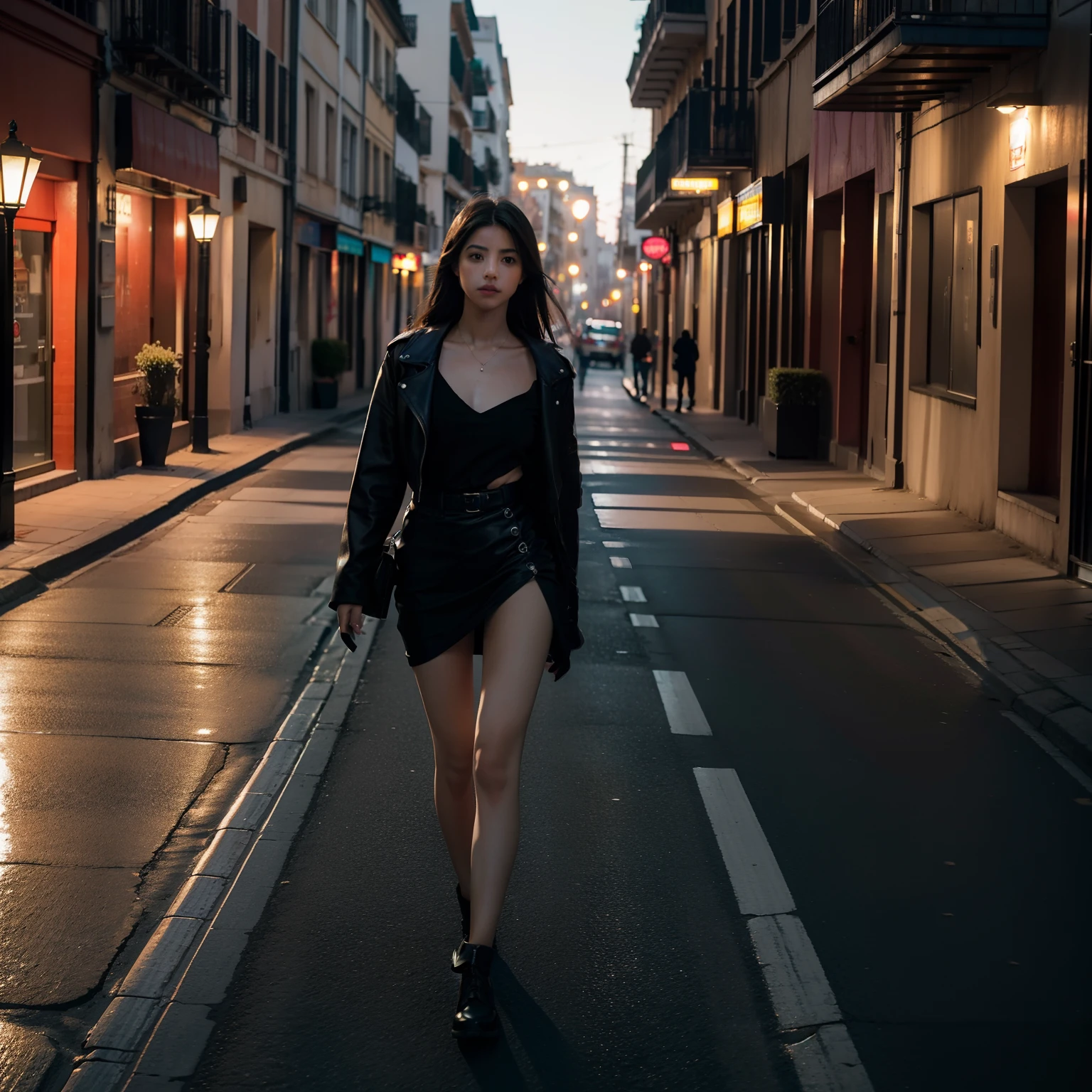 Sexy Girl Full Body 22 years, rubia tostada vestida con top blanco, minifalda negra y botines negros, caminando por una calle solitaria a la media noche, gran angular, octanaje render, Detalles intricados, volumetric illumination, efecto de vidrio roto, imagen en 3D, resolucion 32K. estilo: 50mm photo lens, apertura F 2.5