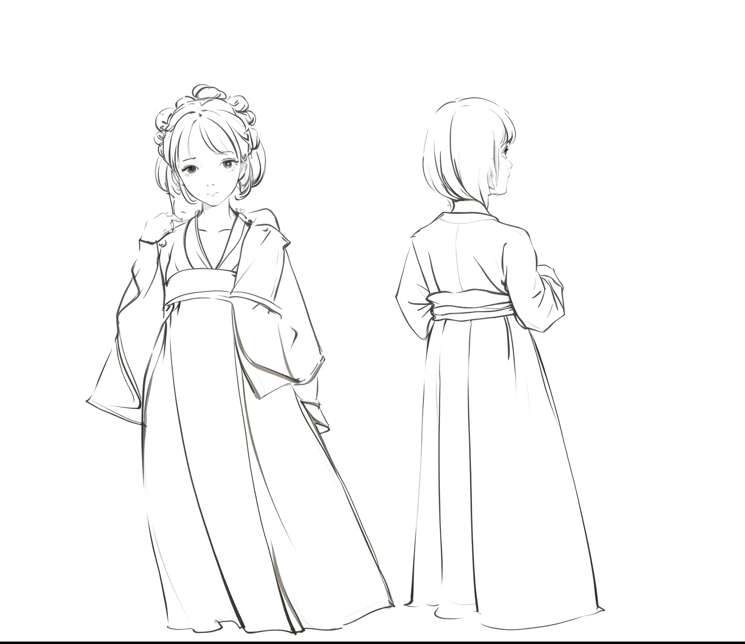 Sketch of a woman in a long dress and a man in a long dress, dressed in simple robes, classical robes, Flowing robes, clear outfit design, full body concept, floating robes, Line sketch, li in dress, full body character concept, dressed in simple robes, Stately robes, clothing concept, ((wearing aristocrat robe))