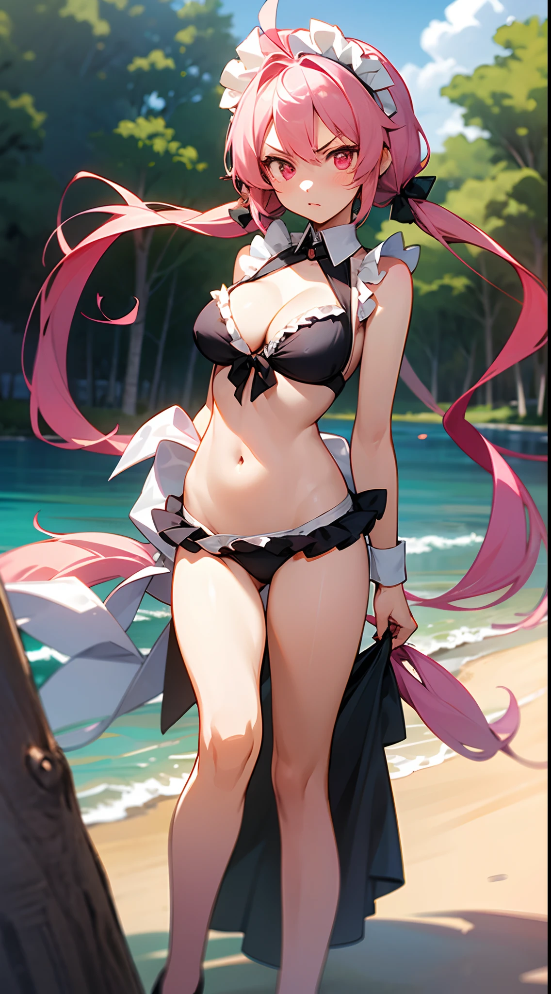 1 girl, game CG, sleeveless frilled black string bikini, cleavage visible, navel visible, maid's hair accessory, maid's small apron, gigantic breasts, pink hair, long hair, low twintails, princess hairstyle, ahoge, pink eyes, sea, sandy beach, trees, angry,