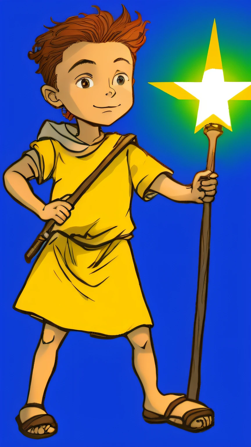 a cartoon of a boy with a staff in his hand, davi, pastor de ovelhas, Characters from the Bible, Elon Musk, Colorido digitalmente, pintura digital, A character based on the Bible