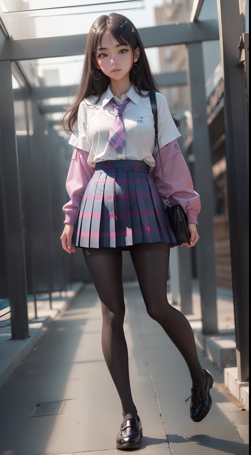 (full body:1.5),(looking at viewer:1.4),(anatomy correct:1.3),(In the paradise of the day:1.3),(Wearing Very thick Pantyhose and JK student uniform plaid pleated skirt and JK uniform leather shoes :1.3), (A high jump posture:1.3),(In pink|amarelo|blue colors|green color|red colour|white colors|black in color|purpleish color|greys|Beige|Flesh color 1.4),,(Accurate and perfect face:1.4),(Clothing Gloss:1.25),(Skin reflection:1.25),hyper HD, Ray traching, reflective light,structurally correct, Award-Awarded, high detal, lightand shade contrast, Face lighting,cinmatic lighting, tmasterpiece, super detailing, high high quality, high detal, best qualityer, 16k,high contrast,