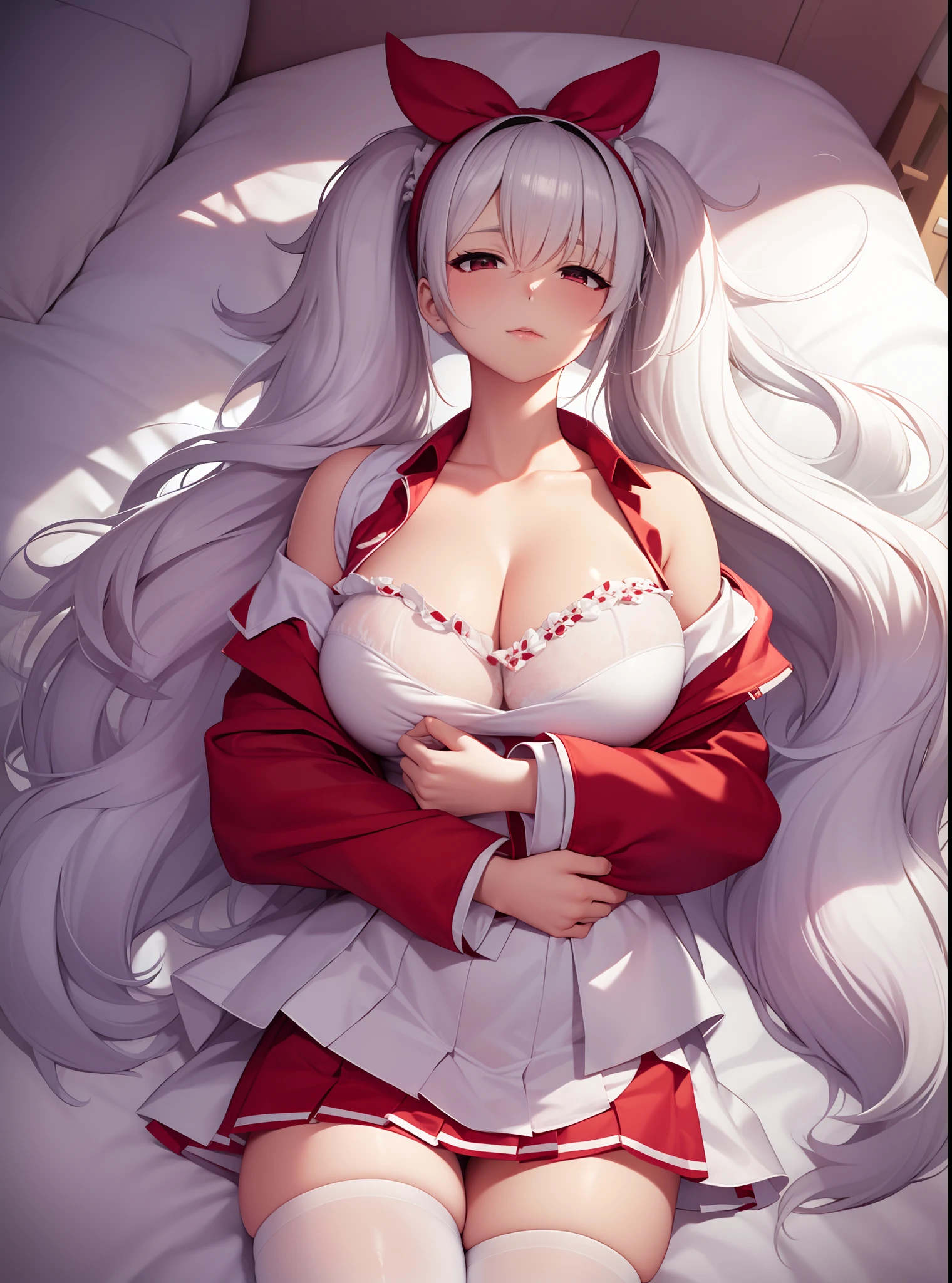 The head -type double ponytail,Large raised breasts,Wearing a white Lolidolable,Lori huge breasts cleavage,Be red in the face,The background of the character is a lakeside