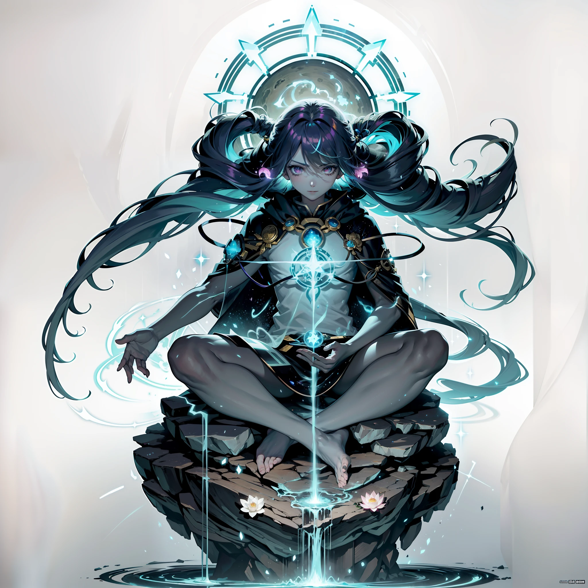 {which are full of confidence, Strong will, Subtle manga-style smile, Sharp eye detail, Neon Color Angle Bob, Slender figure、Neutral males}, Space Meditation Master, (Serlinus zephyrus), portrait of a full body, {Embedded in a mysterious galaxy}, Levitation of surrounding old books, flowing airy robes, Eyes (Half-eyes with deep concentration), Translucent cosmic aura, Grab an ancient book with glowing runes floating in it, {Cascade-like hair in an interstellar nebula}, (Sit in the lotus position), Hands expressing wisdom, ((Timeless and transcendent wisdom)), [Mystical symbols and ancient scripts] orbiting, {Stars and celestial vortex on background}, {4K resolution, High quality}, ((Togashi style)), {Embrace the aesthetics of Japan manga}, [Incredible attention to detail], {No weapons or violence}, {Gentle and harmonious expression}.