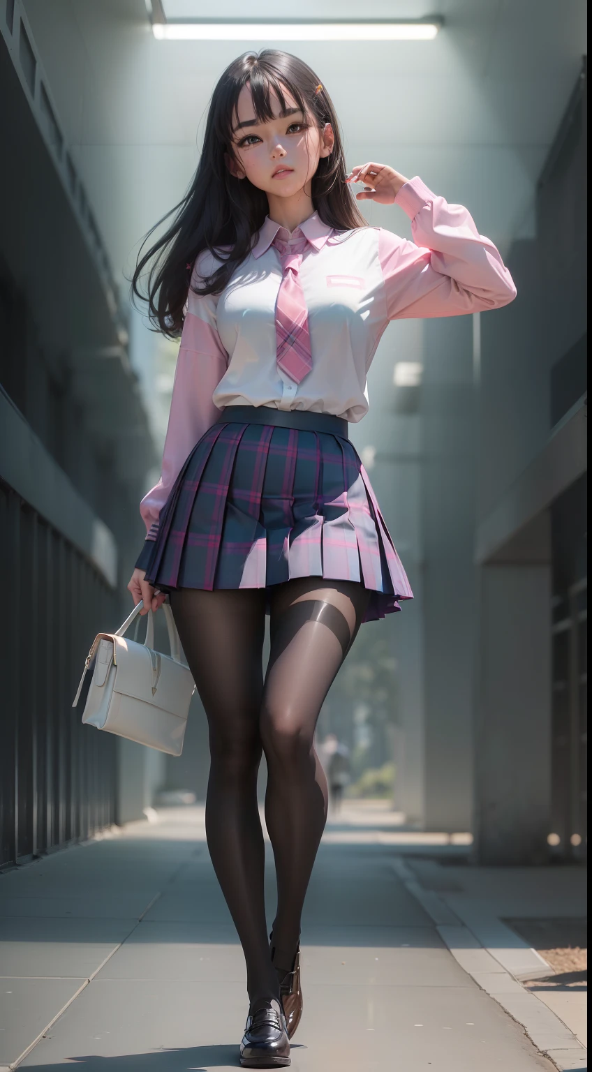 (full body:1.5)，(looking at viewer:1.4)，(anatomy correct:1.3)，(In the paradise of the day:1.3),(Wearing Very thick Pantyhose and JK student uniform plaid pleated skirt and JK uniform leather shoes :1.3), (A high jump posture:1.3),(In pink|amarelo|blue colors|green color|red colour|white colors|black in color|purpleish color|greys|Beige|Flesh color 1.4)，,(Accurate and perfect face:1.4),(Clothing Gloss:1.25),(Skin reflection:1.25),hyper HD, Ray traching, reflective light，structurally correct, Award-Awarded, high detal, lightand shade contrast, Face lighting，cinmatic lighting, tmasterpiece, super detailing, high high quality, high detal, best qualityer, 16k，high contrast,