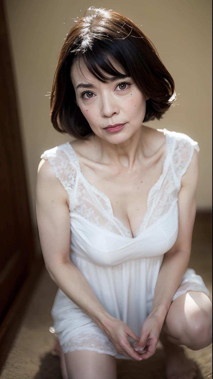 Awesome monster huge, beautiful mature lady, beautifull detailed face, Detailed eyes, actress, Model, moles, 45 yers old, ?????, ??????, Sukebe, Very small and thin sexy transparent lace nightgown, Full body shot, Squatting