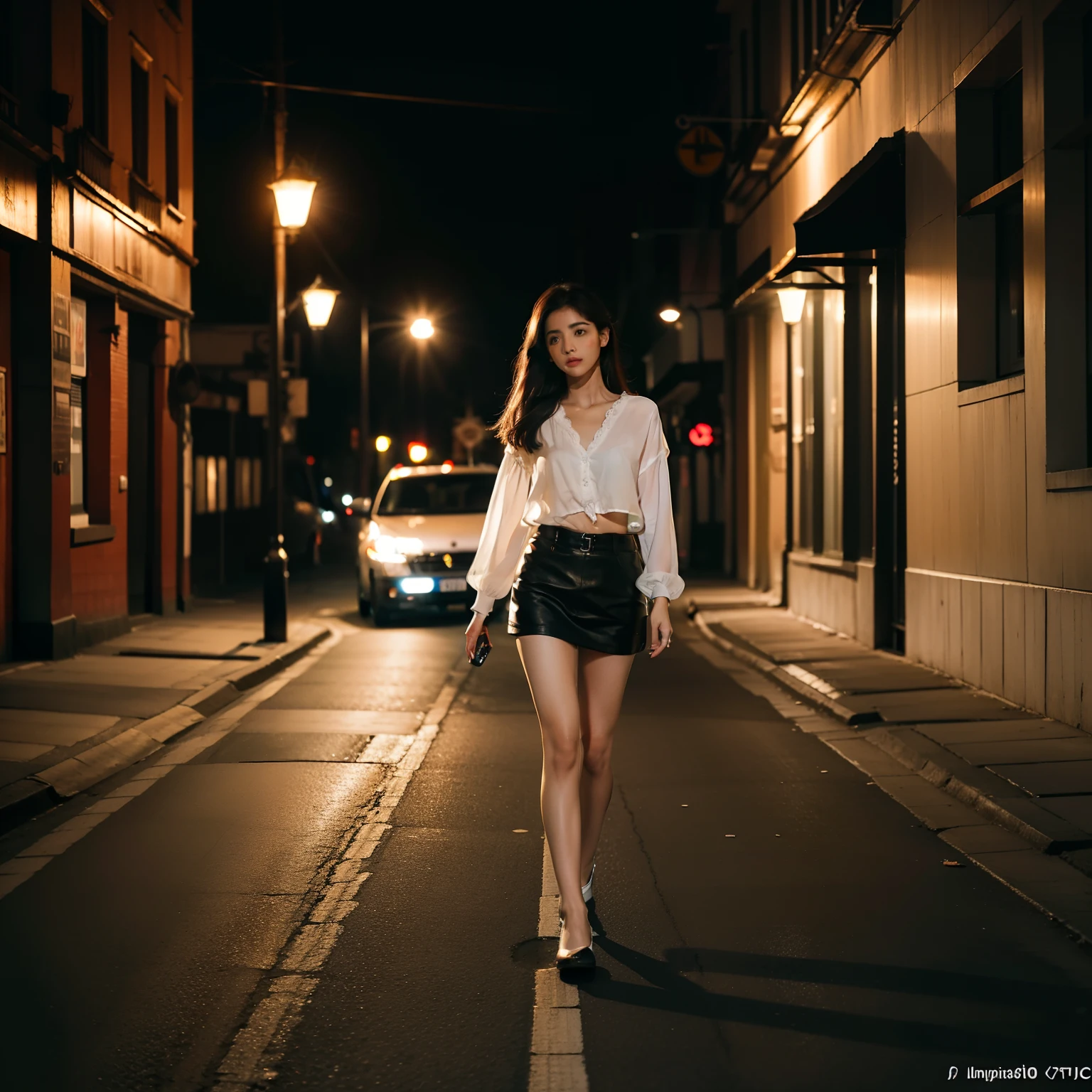 Sexy Girl Full Body 22 years, rubia tostada vestida con top blanco, minifalda negra y botines negros, caminando por una calle solitaria a la media noche, gran angular, octanaje render, Detalles intricados, volumetric illumination, efecto de vidrio roto, imagen en 3D, resolucion 32K. estilo: 50mm photo lens, apertura F 2.5