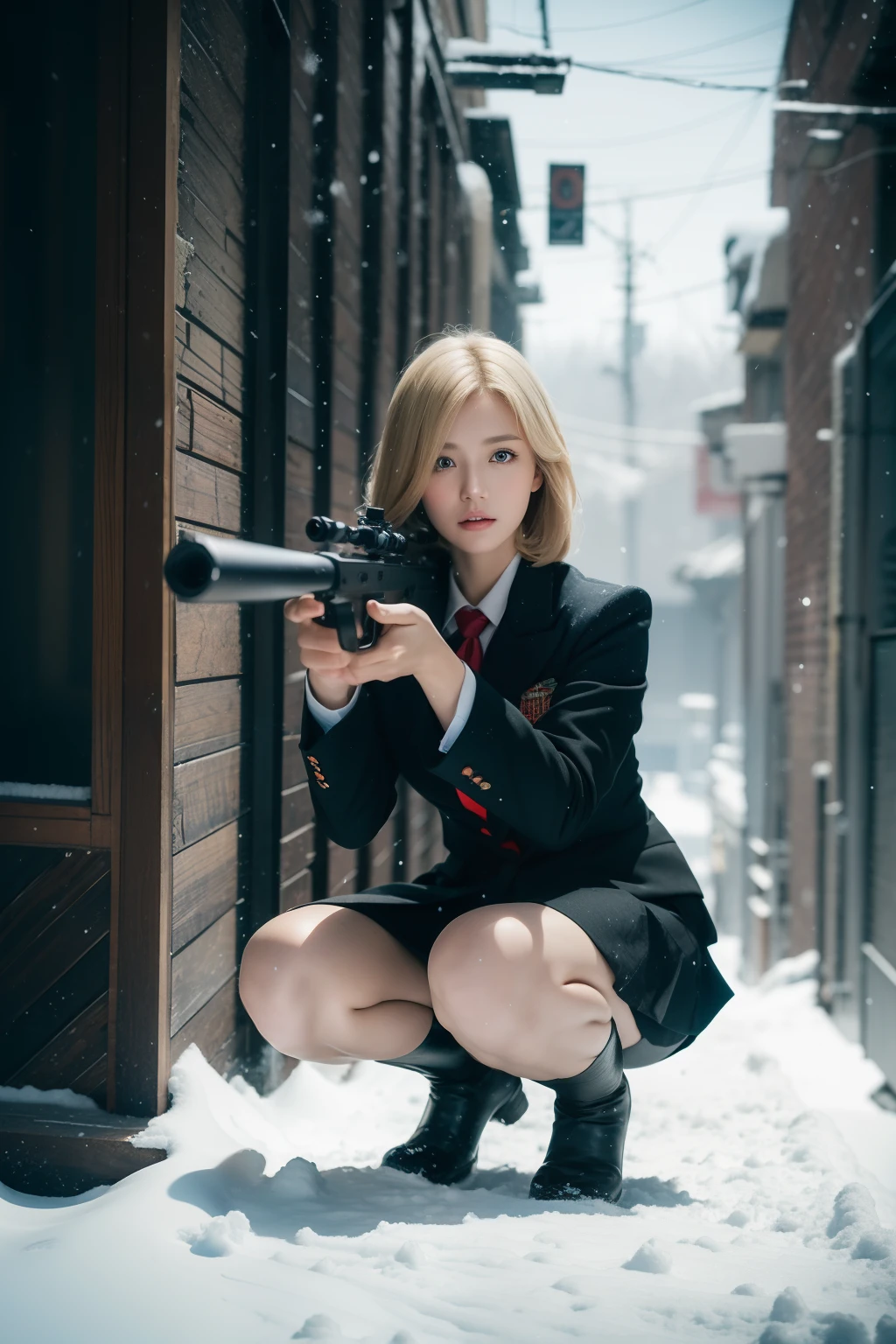 （（Squat on one knee，Shooting status with a rifle in hand）），Wild snow，((Masterpiece:1.2, Best quality)),Movie,offcial art,promotional art,movie wallpapers,（A blonde girl is in ）, （White suit dress，Double-breasted style，Pleated skirt hem）,Uniform cover， Exposing thighs,185cm. Shot in the snow in cinematic style,  The color temperature is cool，Slightly bluish tint, Convey a feeling of indifference and tension. The lighting is dramatic，There are harsh shadows and highlights, . Shot with a Sony A7R IV camera，The aperture is f/2.8, ISO 1600, a shutter speed of 1/200th of a second. UHD dtm HDR 8k.