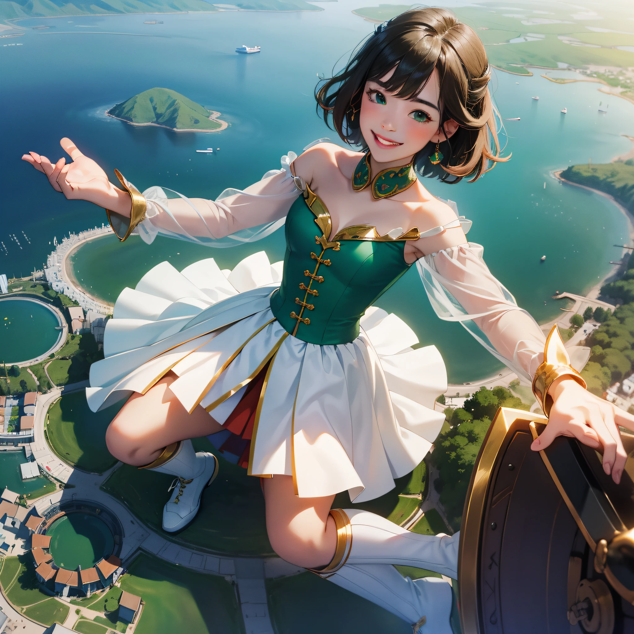 (in 8K、top-quality、masterpiece:1.2)、1人の女性、(Smiling smile:1.1)、beautidful eyes、Valley、The upper part of the body、shorth hair、Like a boy 、Quirk hair、short-cut、Green View、