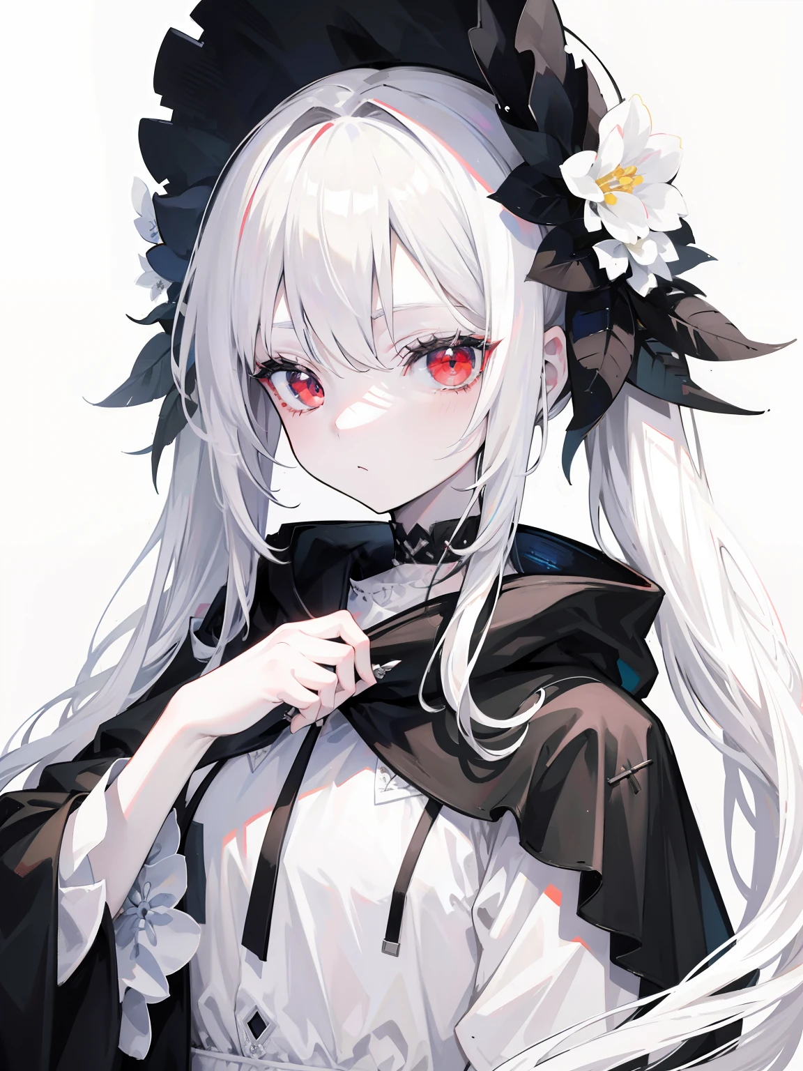 Pale skin, white hair, black hoodie, white flowers, flowers on head, Twintails, Loli, solo,{{best quality}}, {{masterpiece}}, {{ultra-detailed}}, {illustration}, {detailed light}, red eyes,long hair,