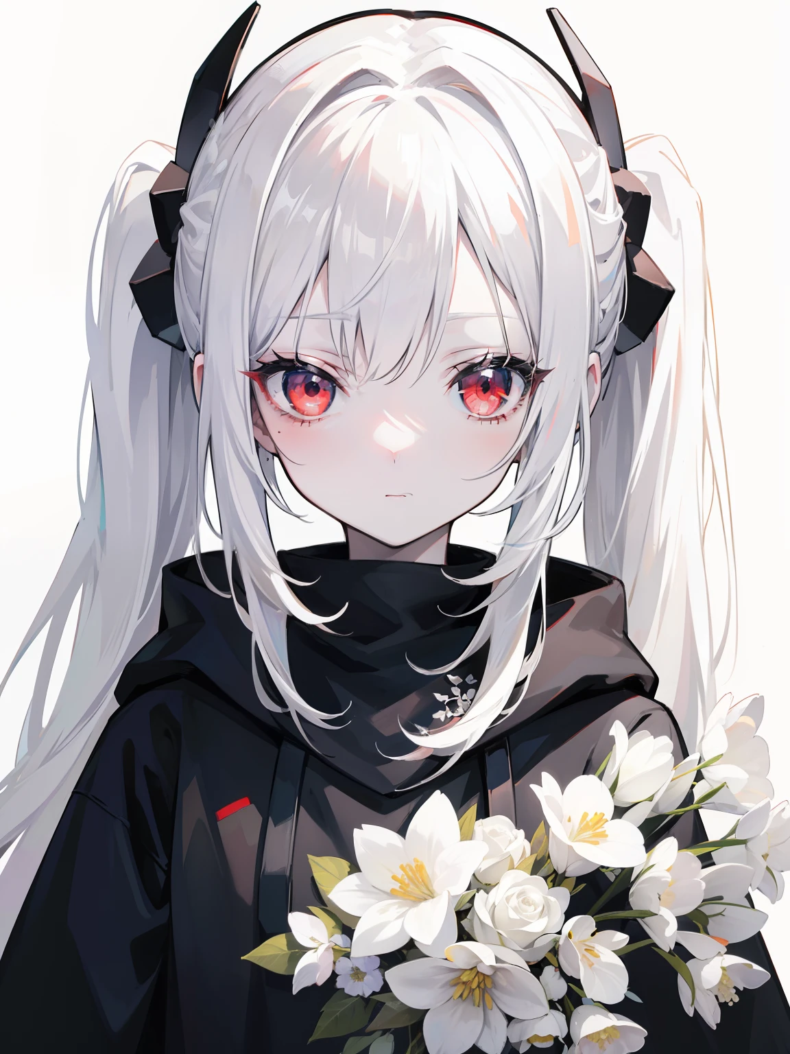 Pale skin, white hair, black hoodie, white flowers, flowers on head, Twintails, Loli, solo,{{best quality}}, {{masterpiece}}, {{ultra-detailed}}, {illustration}, {detailed light}, red eyes,long hair,