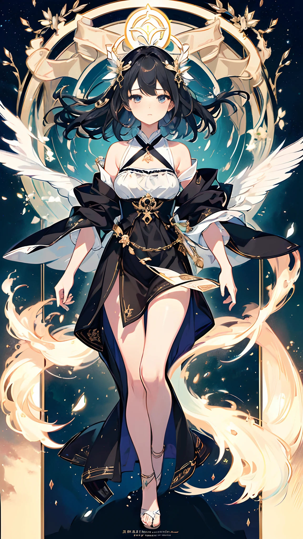 (((masterpiece)))、(((top-quality)))、((ultra-detailliert))、(illustratio)、((extremely delicate and beautiful))、dynamic ungle、floating、A dark-haired、(beatiful detailed eyes)、(Detailed light) (1girl in)、独奏、floating_hair、radiant eyes、Twin-tailed、Black halter dress、Adan、Tarot Cards