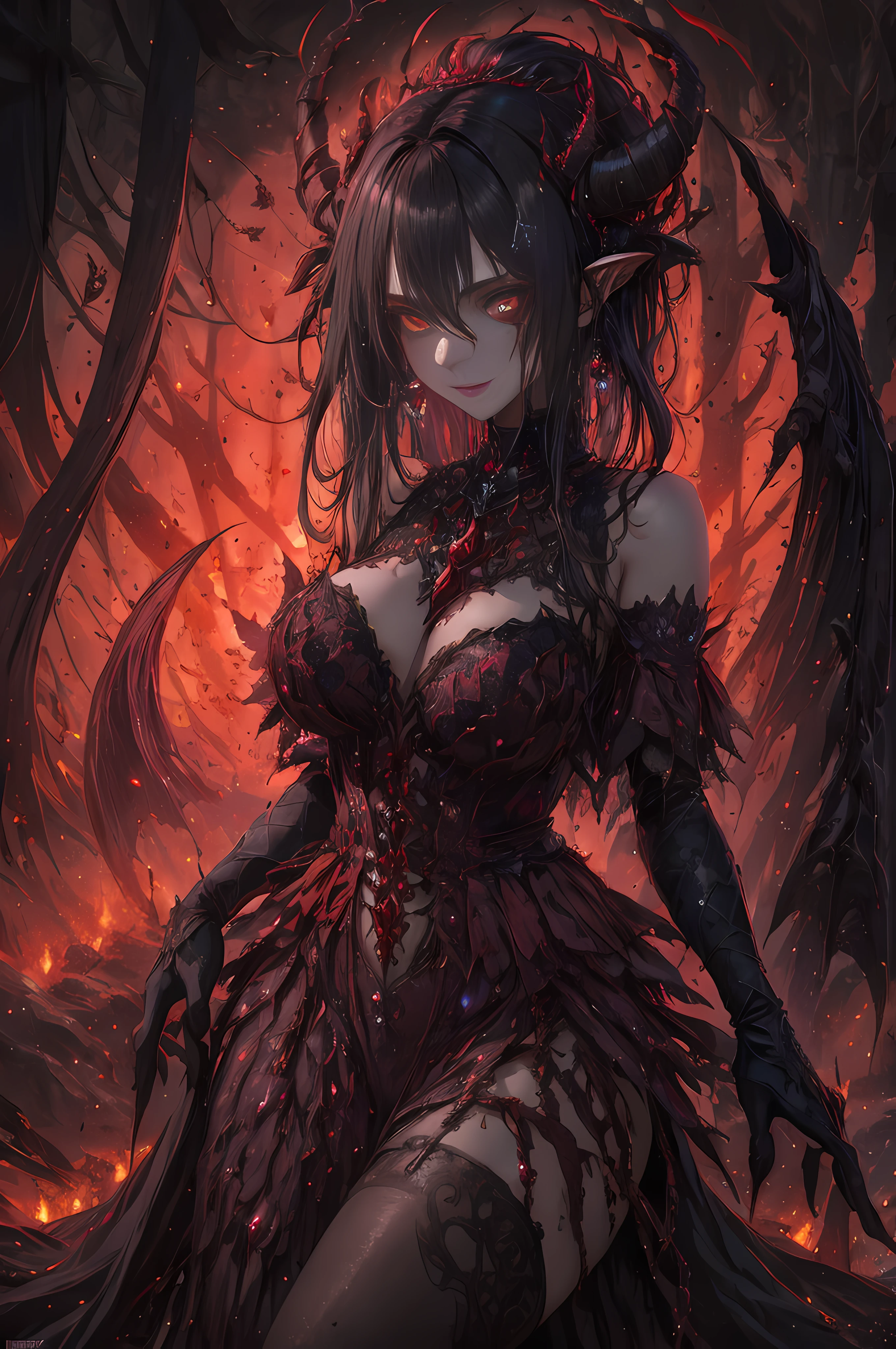 Anime girl dressed in dark forest with horns and blood, a beautiful succubus, demon anime girl, beautiful elegant demon queen, Demon Girl, dark fantasy style art, succubus in tight kilt, Succubus | medieval, Succubus, infernal nymph, infernal nymph!!!, dark fantasy art, lillis, Detailed digital anime art, gothic maiden anime girl