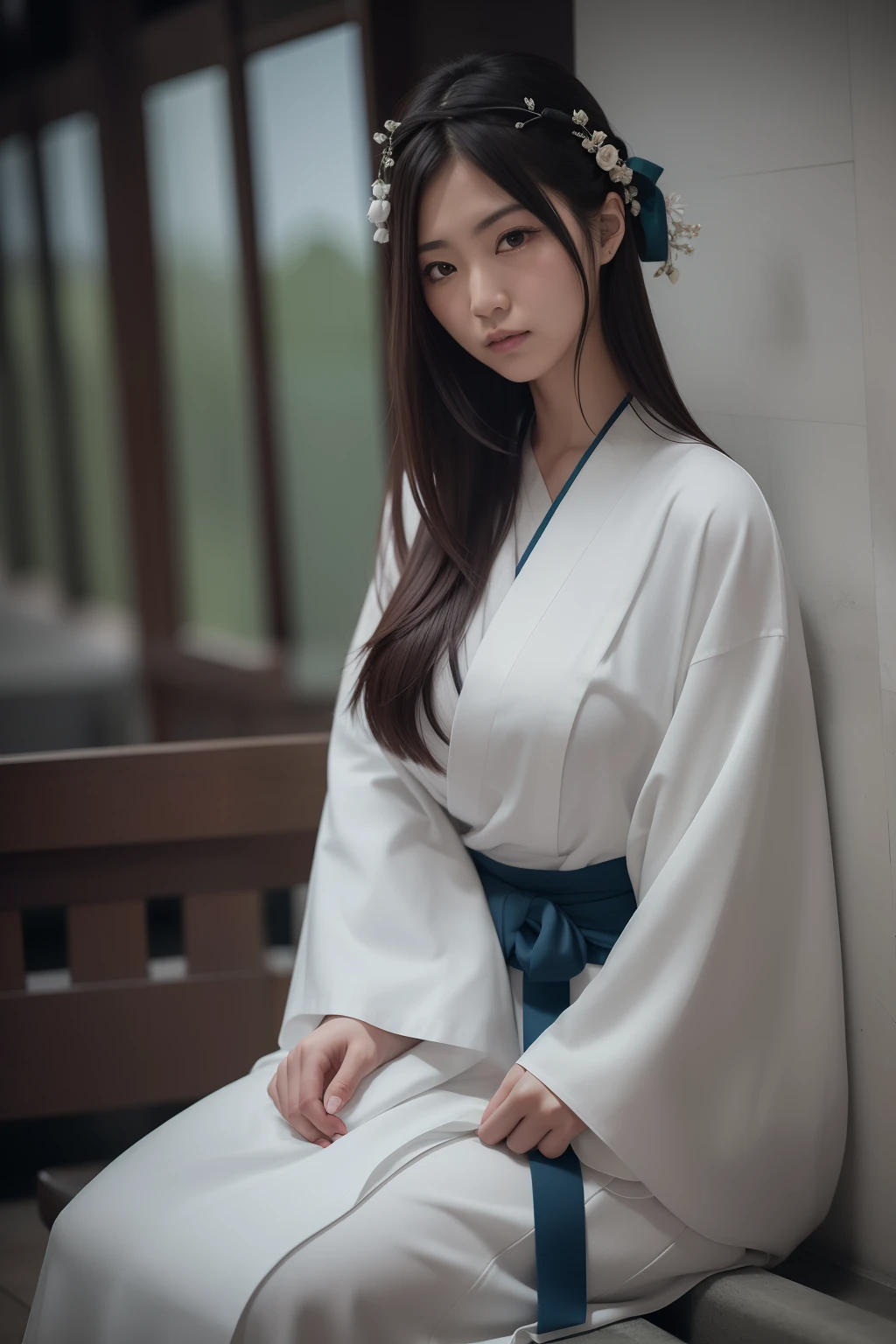 1 Japan Woman、Age 27 years old、real  face、Gentle、look down from above、Dark look、large full breasts、E-cup、Costume Japan practices white、Dress Japan Monk White、Hakama、Upright posture、Background Church Precincts、Dark place、chandelle、cold light,RAWphoto,8K,Masterpiece 1.8,Best Quality,high detailing