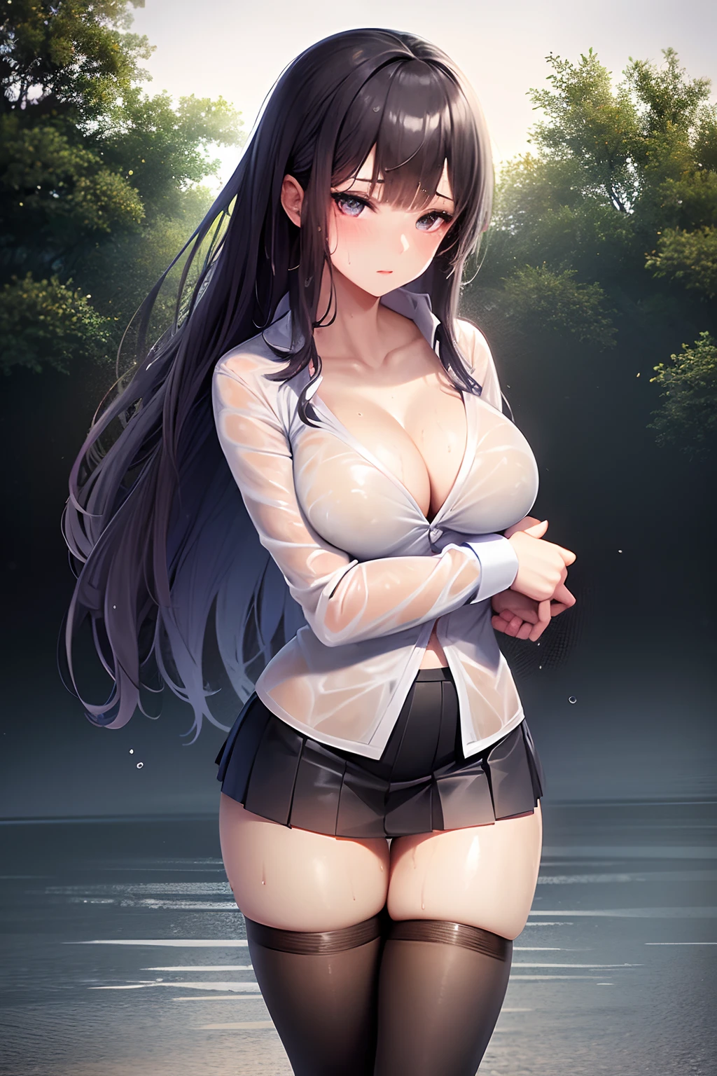 Girl in purple wet kimono office shirt and light gray tight pleated slim skirt, satin, fur, (((black)) stockings), decollete, natural breasts, slim body, zettai ryouiki, white hair, blue eyes, ((wet:1.4)), portrait, most realistic, highest quality, best pixels, 8k ultra