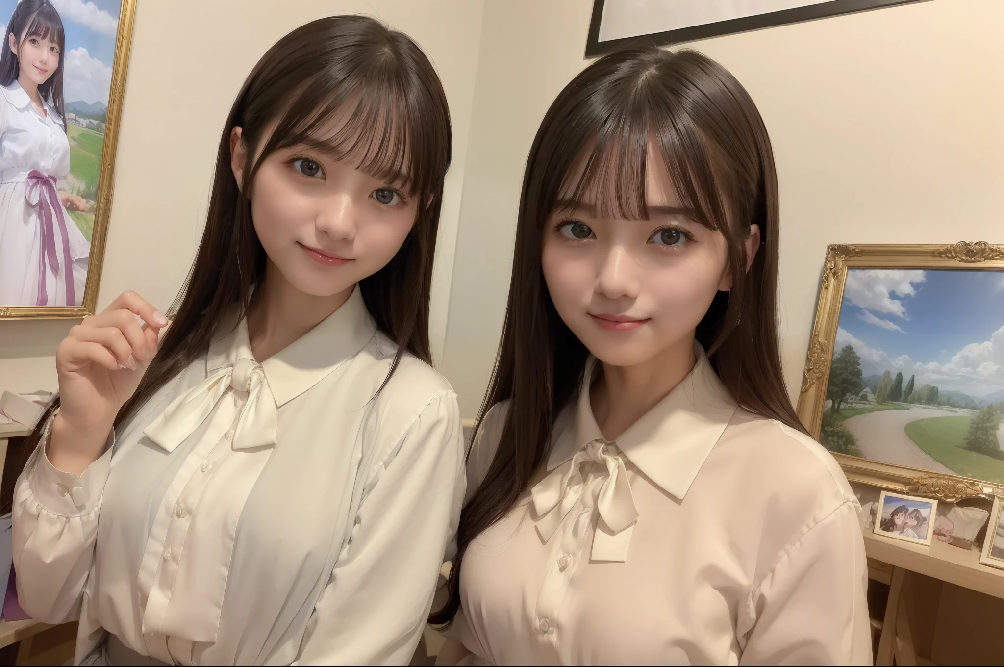 (8K、top-quality、​masterpiece:1.2)、(realisitic、Photorealsitic:1.37)、ultra-detailliert、1womanl、 20yr old、独奏、((Beautiful ribbons))、(((A dark-haired)))、(a smile:1.15)、beautiful finely detailed eyes、(shirt with collar:1.1)、business clothes、(short-hair:1.2)、 (((Art Room)))、 picture frame